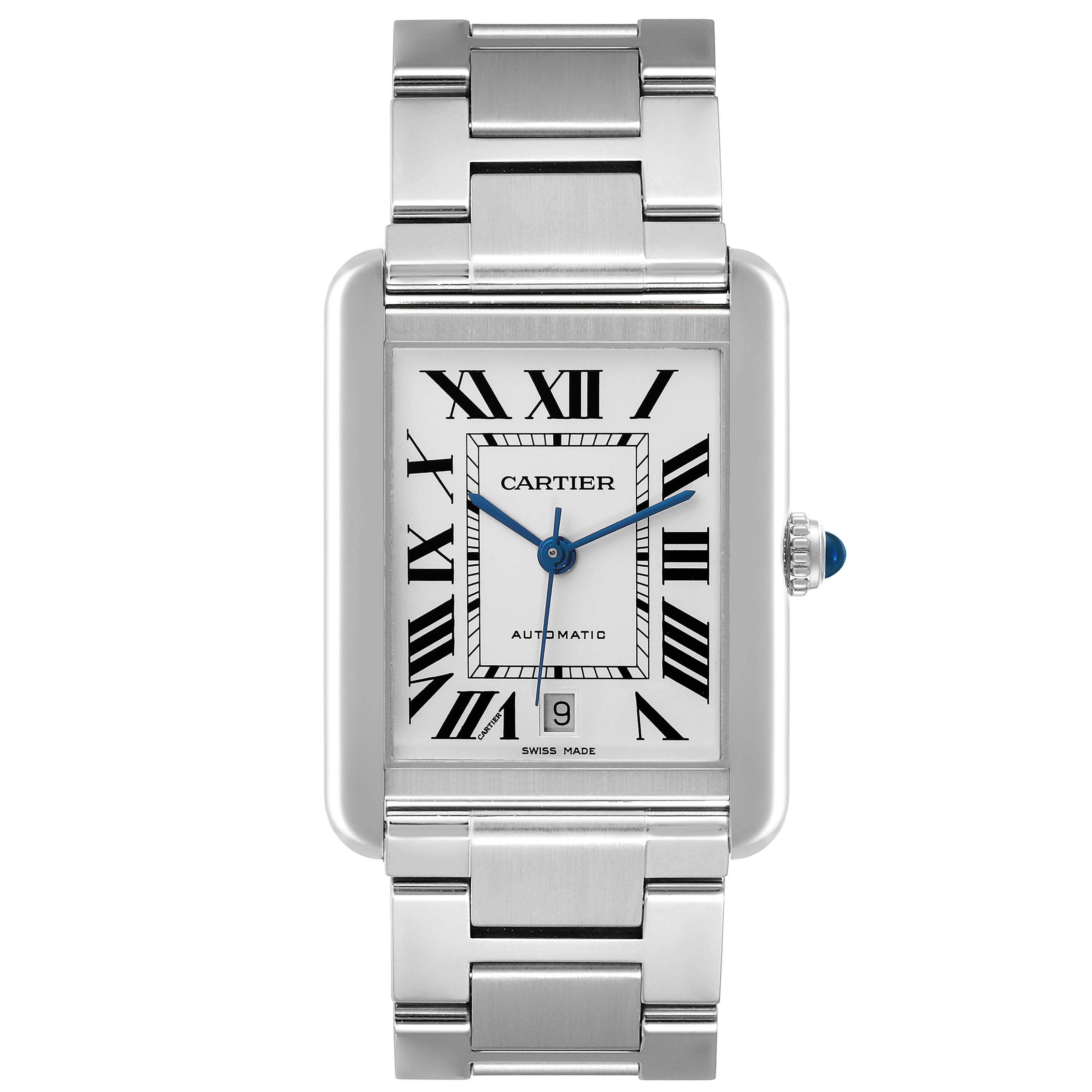 The image shows a frontal view of the Cartier Tank Solo W5200028 Men
s Stainless Steel Silver Dial W5200028 Men
s Stainless Steel Silver Dial watch, featuring its rectangular dial with Roman numerals and metal bracelet.