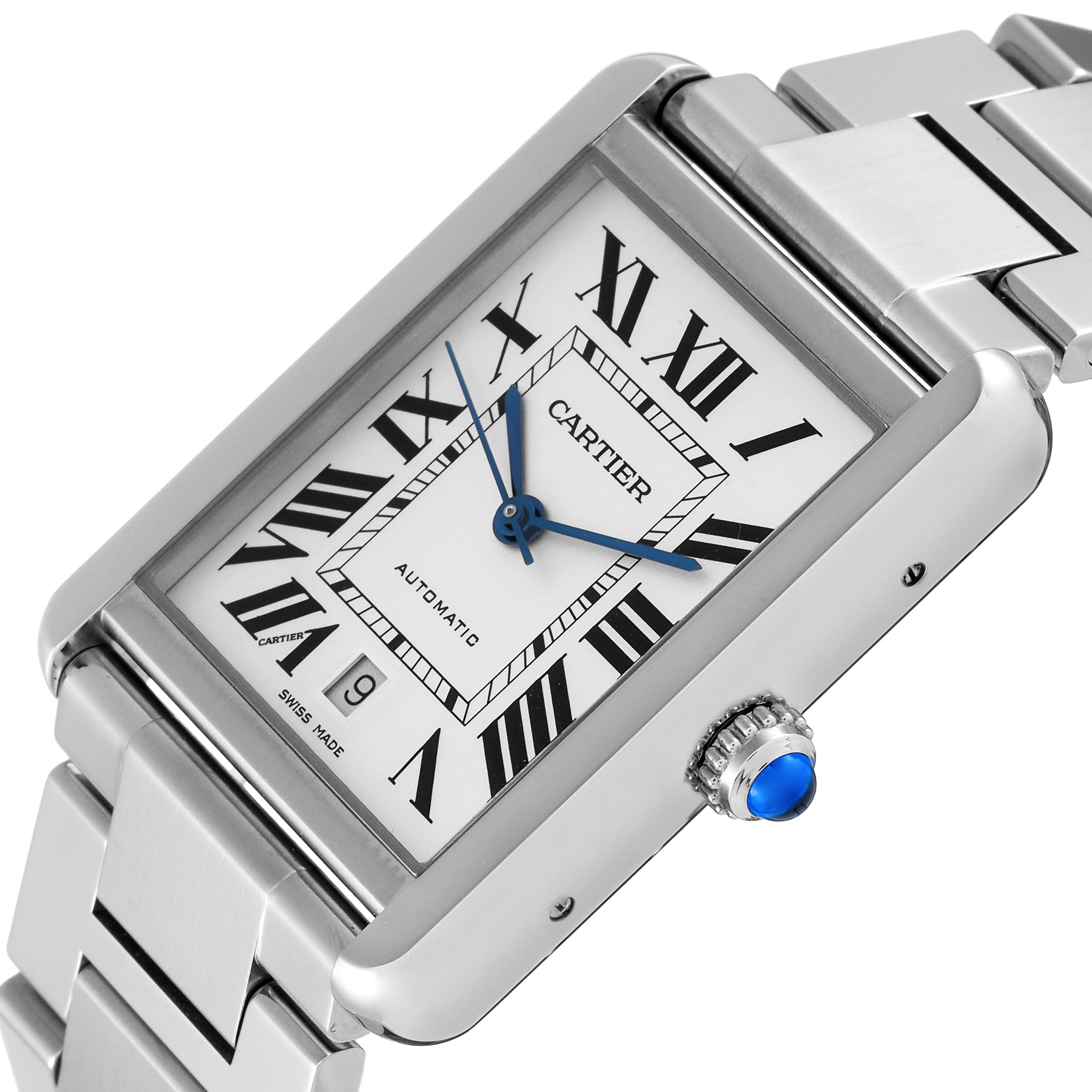 The Cartier Tank Solo W5200028 Men
s Stainless Steel Silver Dial W5200028 Men
s Stainless Steel Silver Dial watch is shown at an angle, displaying the face, bracelet, and blue cabochon crown.