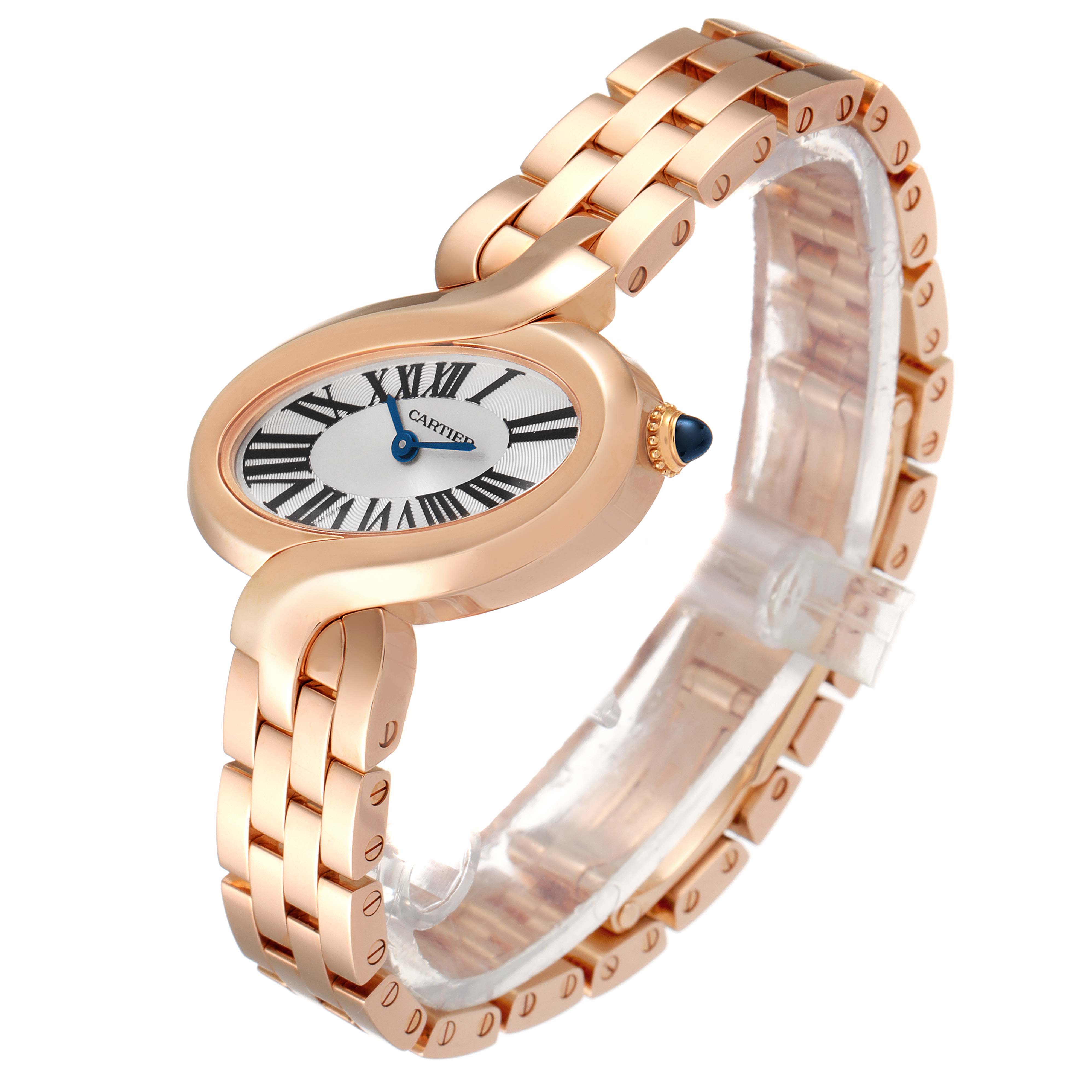 The image shows a tilted angle of the Delices model by Cartier, highlighting its rose gold case and bracelet.