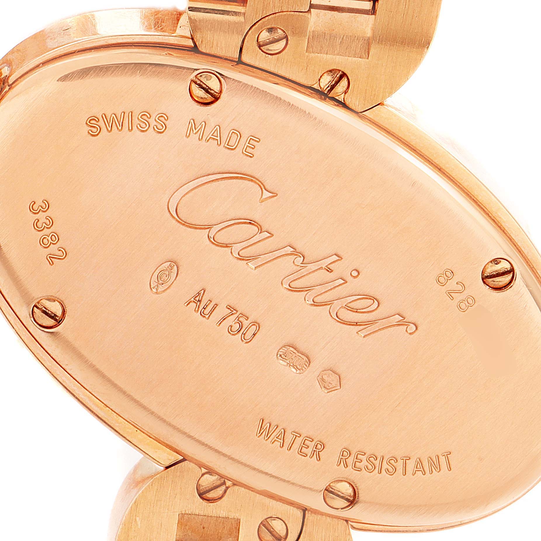 This image shows the back of the Cartier Delices W8100003 Women's Rose Gold Silver Dial W8100003 Women's Rose Gold Silver Dial watch, highlighting the engravings and attachment screws.