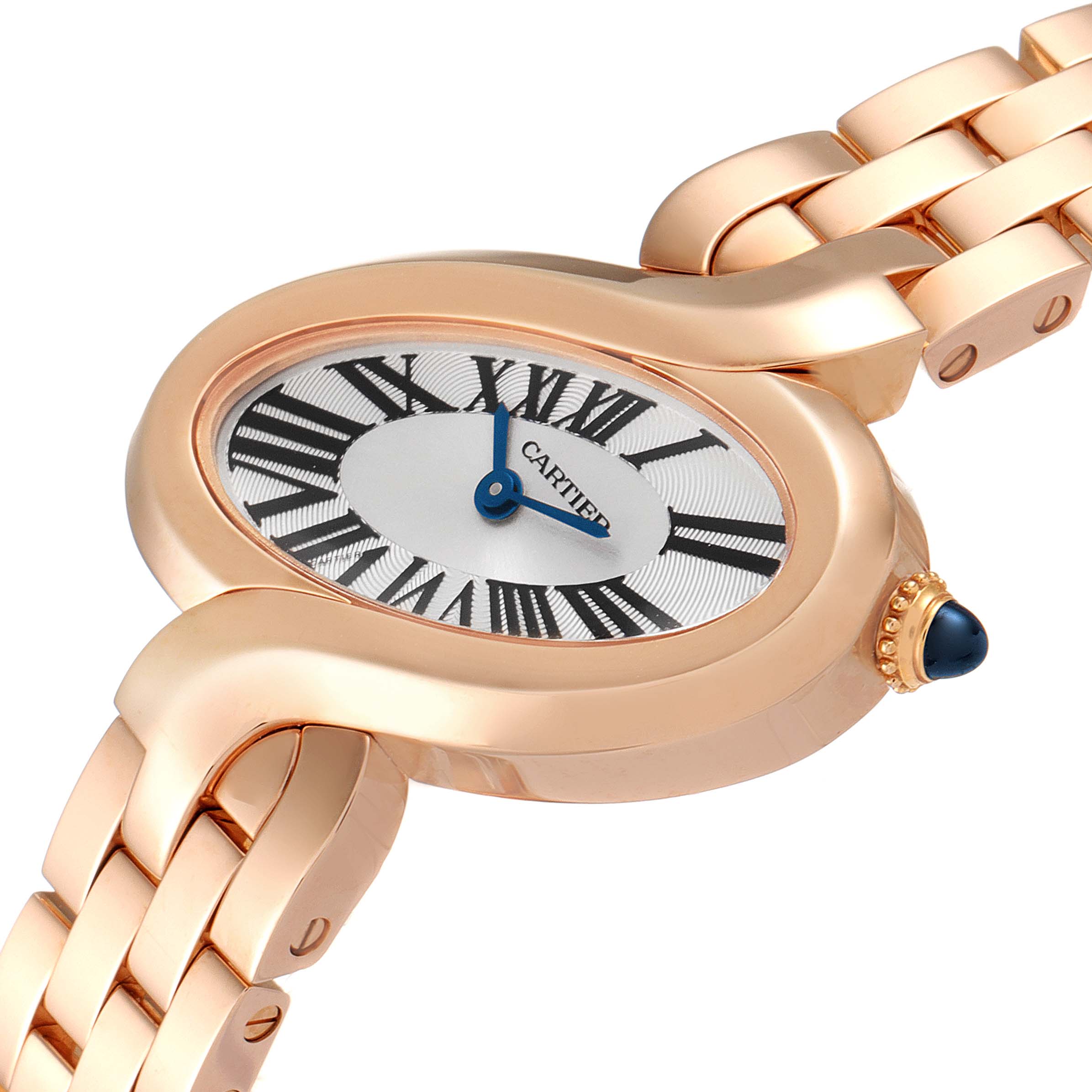 This image shows a close-up, side-angle view of the Cartier Delices W8100003 Women's Rose Gold Silver Dial W8100003 Women's Rose Gold Silver Dial watch, highlighting its oval face, Roman numerals, and metal bracelet.