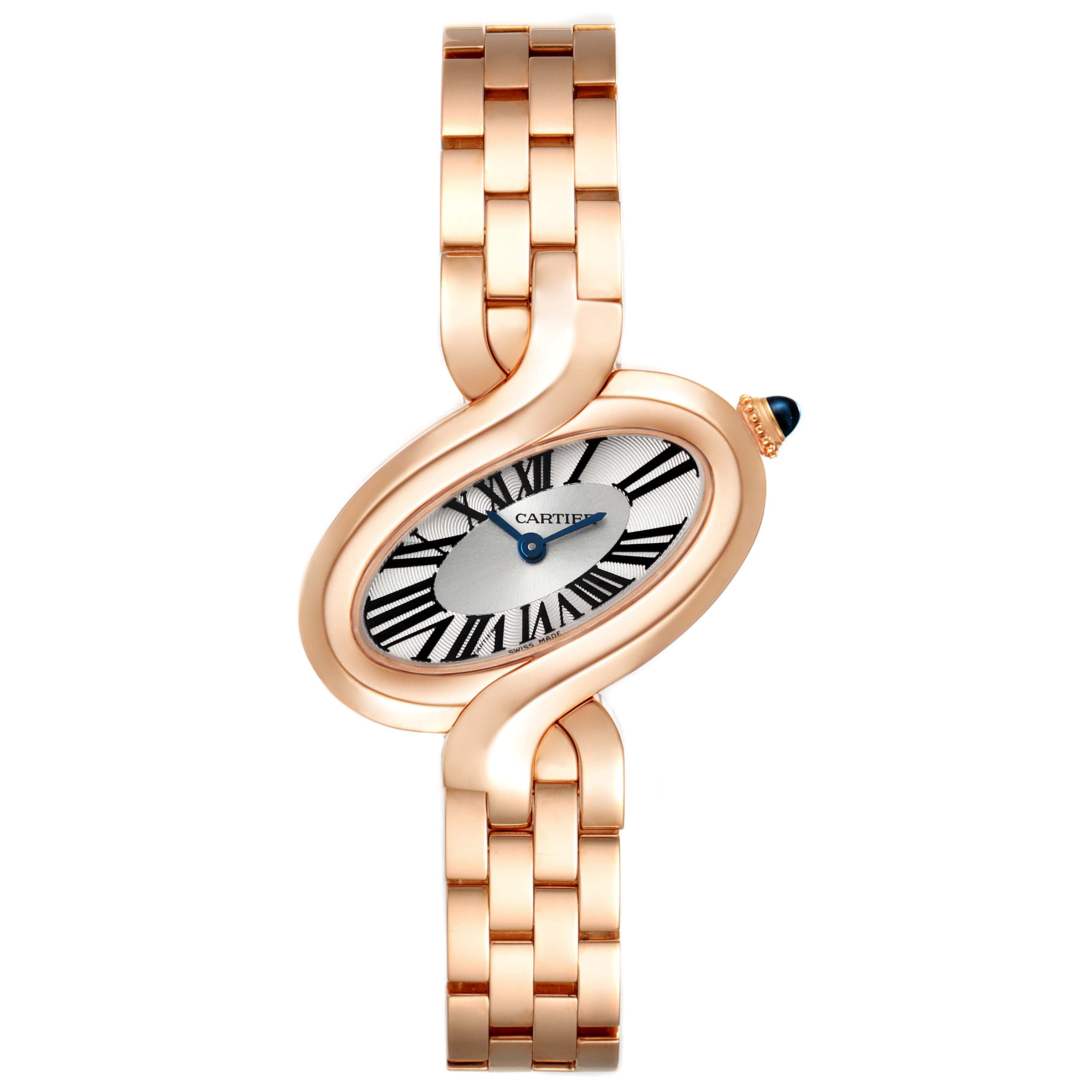 The image shows a front view of the Delices model by Cartier, highlighting the watch face and the bracelet.