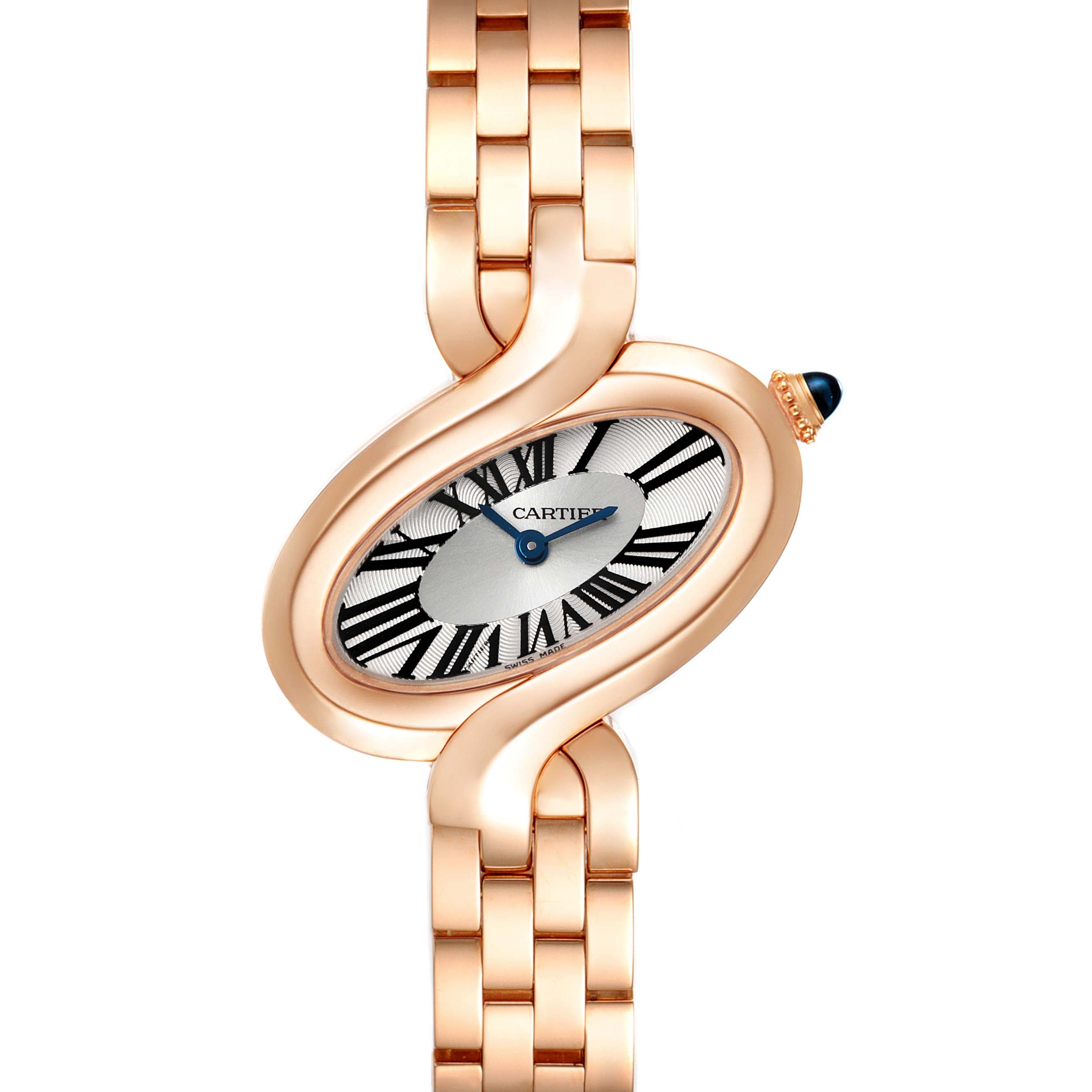 The image shows a front view of the Cartier Delices W8100003 Women's Rose Gold Silver Dial W8100003 Women's Rose Gold Silver Dial model watch, featuring its unique oval face and gold bracelet.