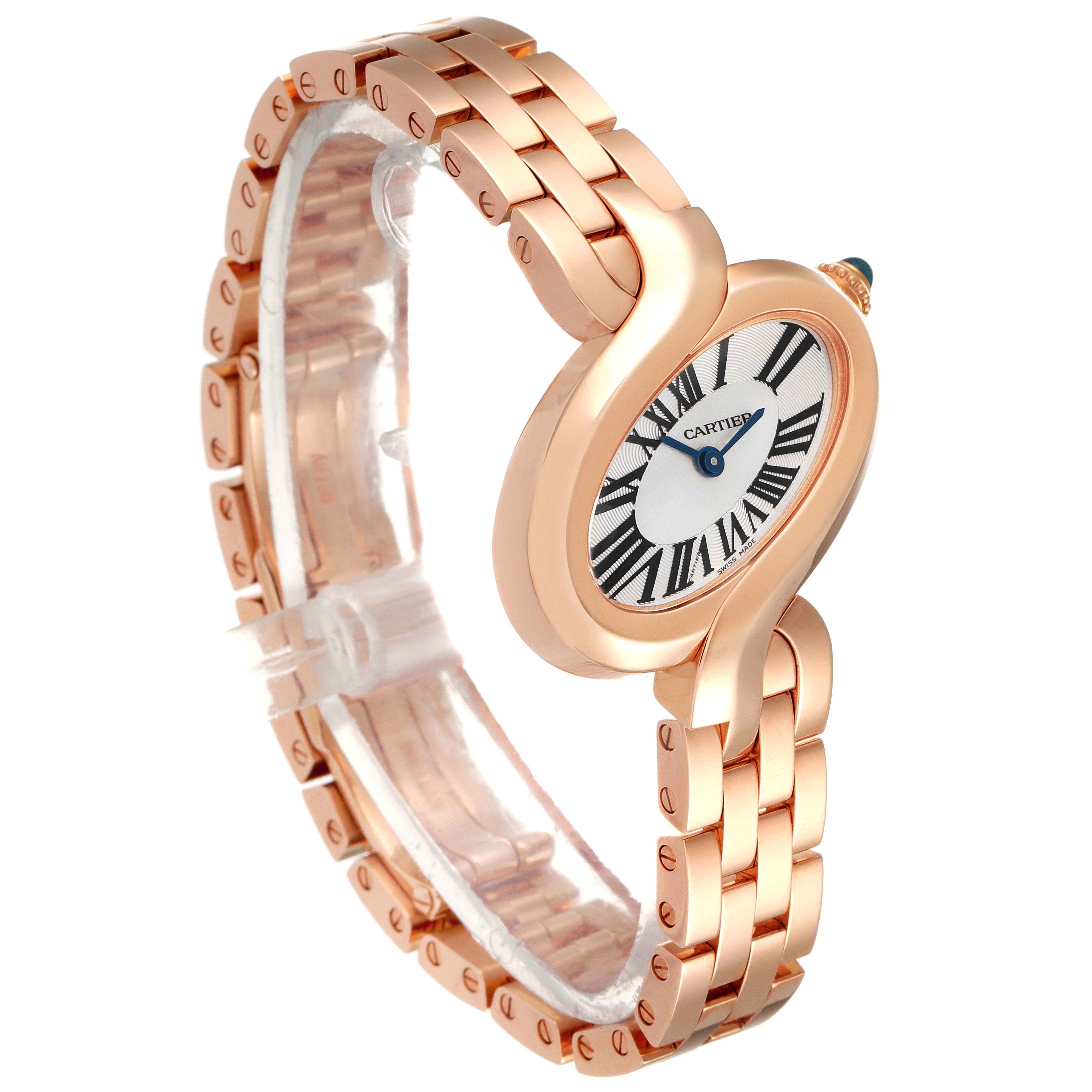 The image shows a rose gold Cartier Delices W8100003 Women's Rose Gold Silver Dial W8100003 Women's Rose Gold Silver Dial watch from a three-quarter angle, highlighting its unique curved case and metal bracelet.