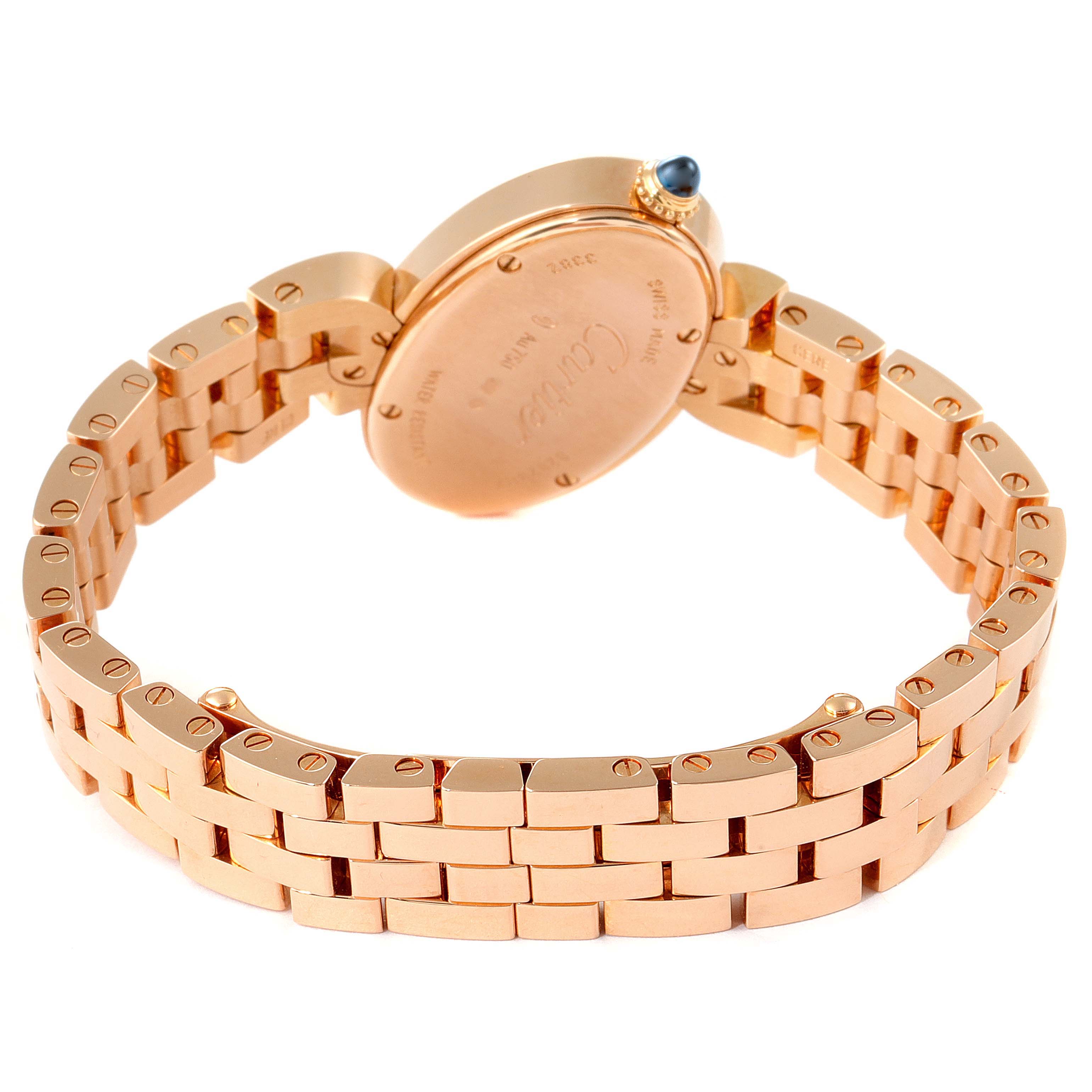 This image shows the back and strap of a Cartier Delices W8100003 Women's Rose Gold Silver Dial W8100003 Women's Rose Gold Silver Dial model watch, viewed from an angled rear perspective.