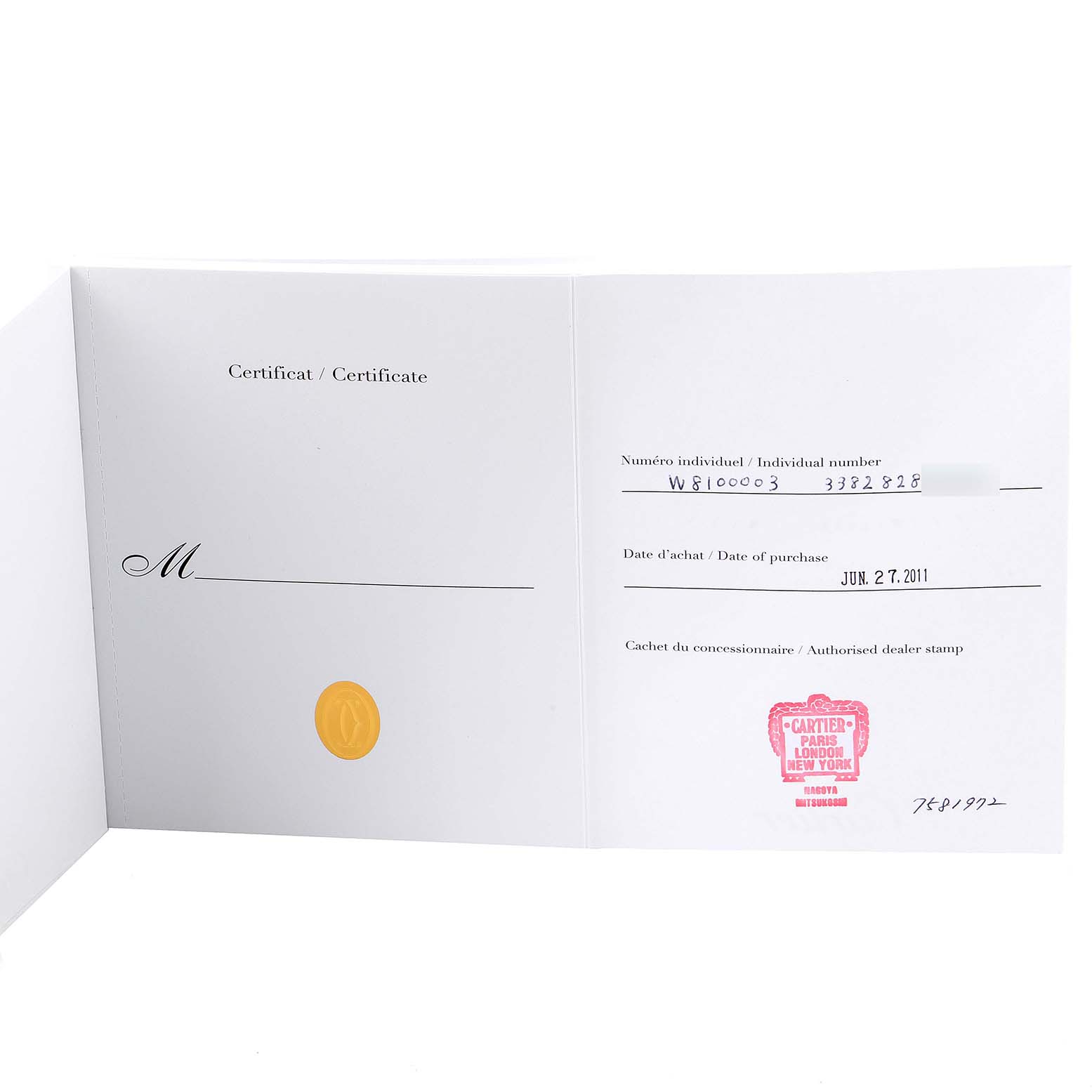 This image shows the certification card for a Delices model watch by Cartier, displaying purchase date and individual number.