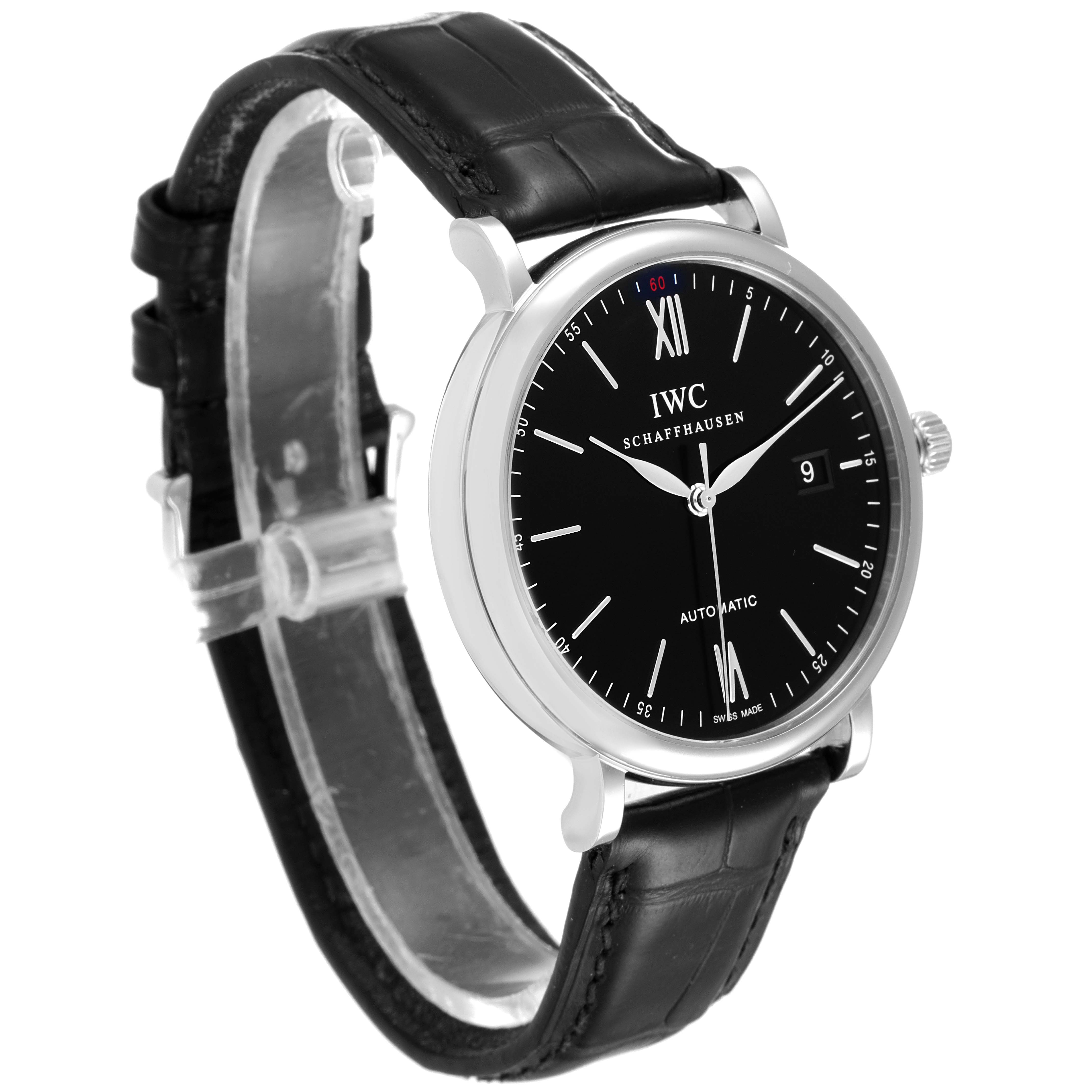 The image shows a side angle of the IWC Portofino IW356502 Men's Stainless Steel Black Dial IW356502 Men's Stainless Steel Black Dial watch, displaying its black dial, silver case, and black leather strap.