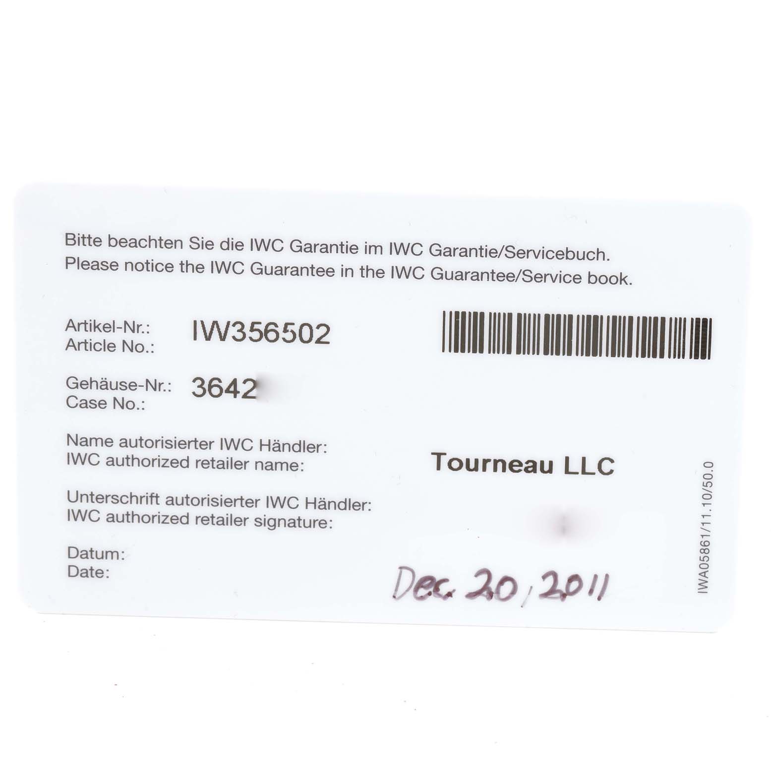 The image shows a warranty card for the IWC Portofino IW356502 Men's Stainless Steel Black Dial IW356502 Men's Stainless Steel Black Dial model watch, displaying details like article number, case number, retailer name, and purchase date.