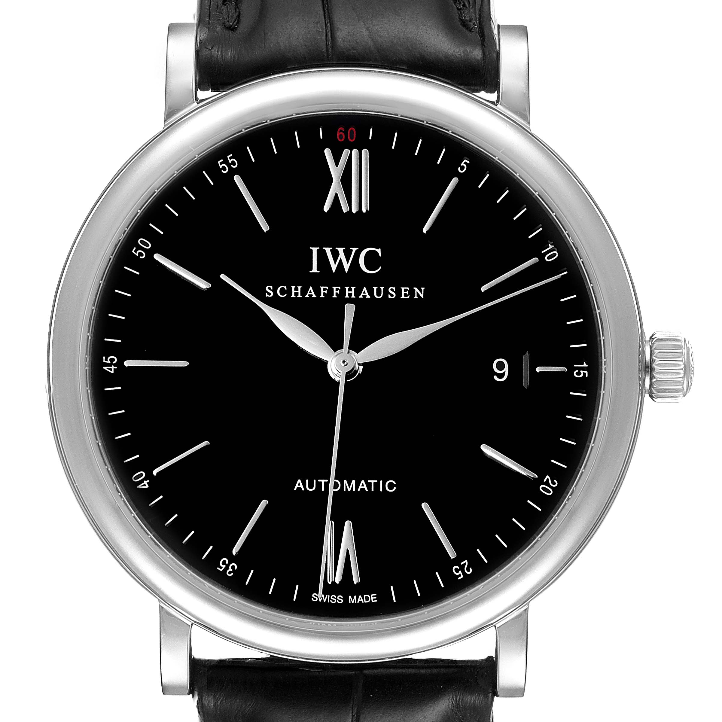This image shows a front view of the IWC Portofino IW356502 Men's Stainless Steel Black Dial IW356502 Men's Stainless Steel Black Dial watch featuring its black dial, hands, hour markers, and crown.
