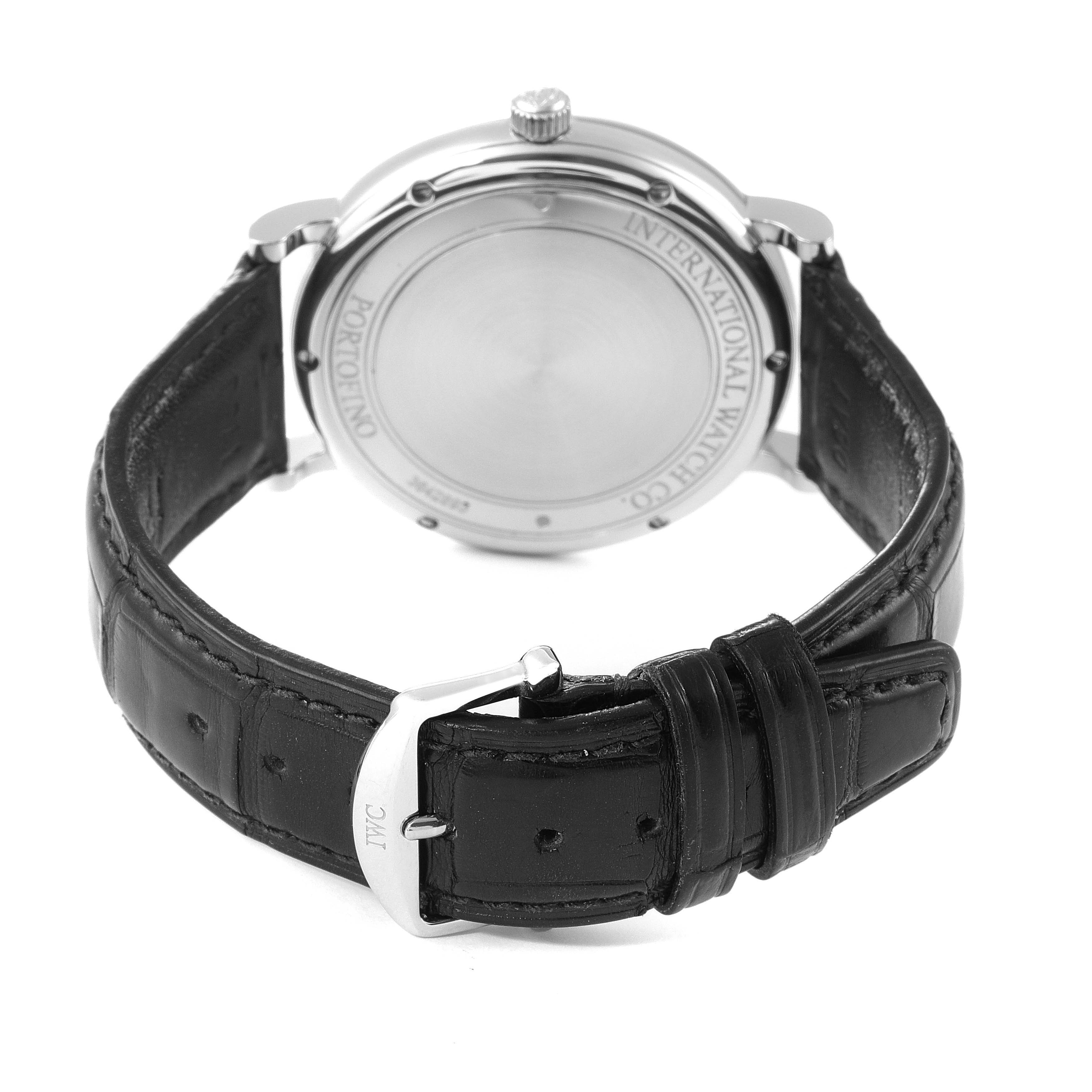 This image shows the back case and black leather strap of an IWC Portofino IW356502 Men's Stainless Steel Black Dial IW356502 Men's Stainless Steel Black Dial watch from a rear angle.