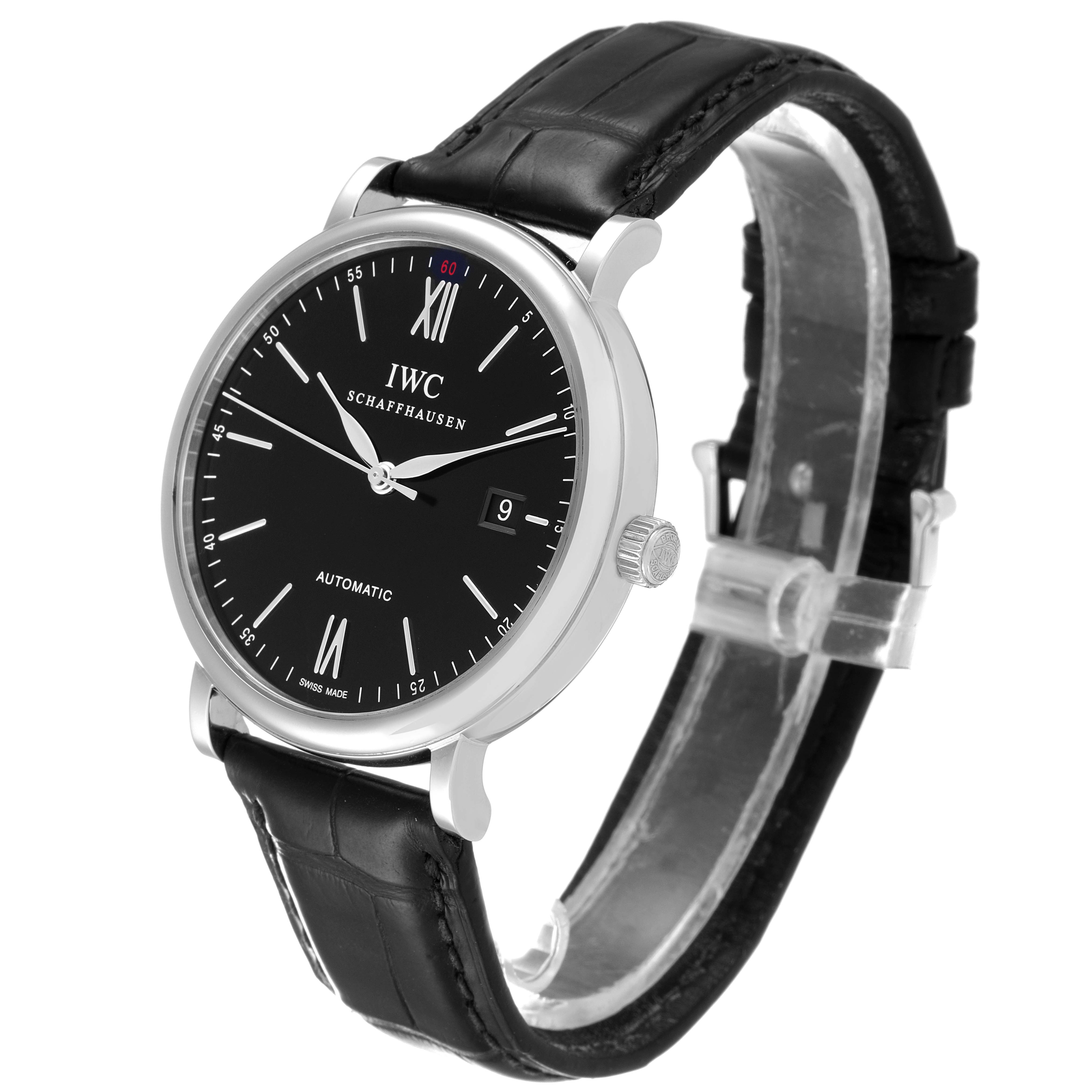 The IWC Portofino IW356502 Men's Stainless Steel Black Dial IW356502 Men's Stainless Steel Black Dial watch is shown at a three-quarter angle, displaying its face, crown, black strap, and side profile.