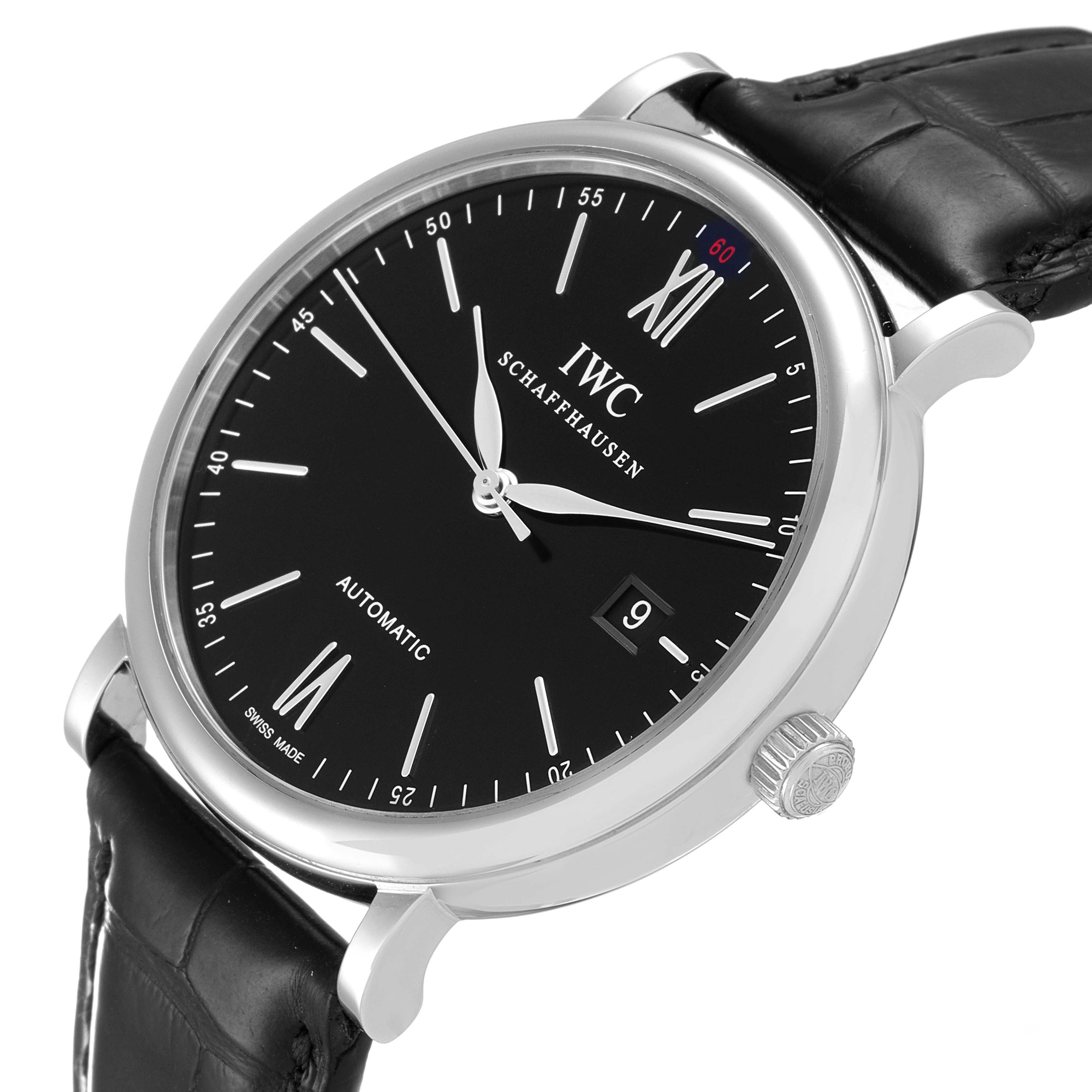 This image shows a close-up, angled view of the IWC Portofino IW356502 Men's Stainless Steel Black Dial IW356502 Men's Stainless Steel Black Dial watch face, including the dial, hour markers, hands, crown, and part of the leather strap.