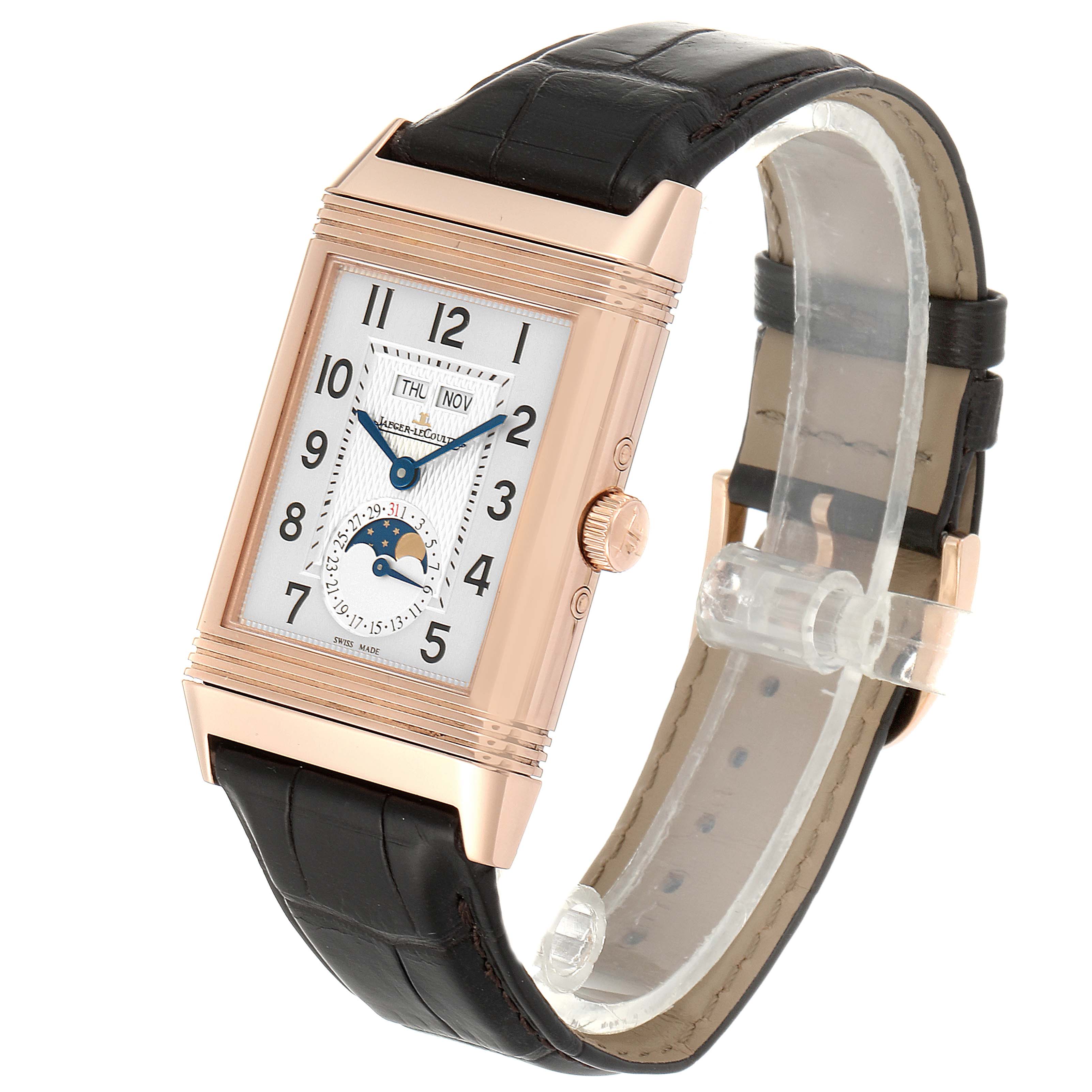 The image shows a Jaeger LeCoultre Reverso Q3752520 Men's Rose Gold Silver Dial Q3752520 Men's Rose Gold Silver Dial watch with a rectangular dial, black leather strap, and moonphase display at a three-quarter angle.