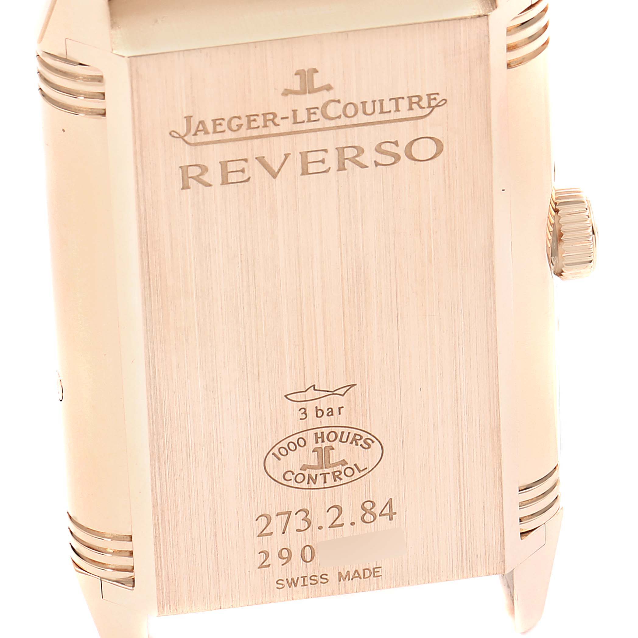 The image shows the back case of a Jaeger LeCoultre Reverso Q3752520 Men's Rose Gold Silver Dial Q3752520 Men's Rose Gold Silver Dial watch, displaying brand markings and model details.