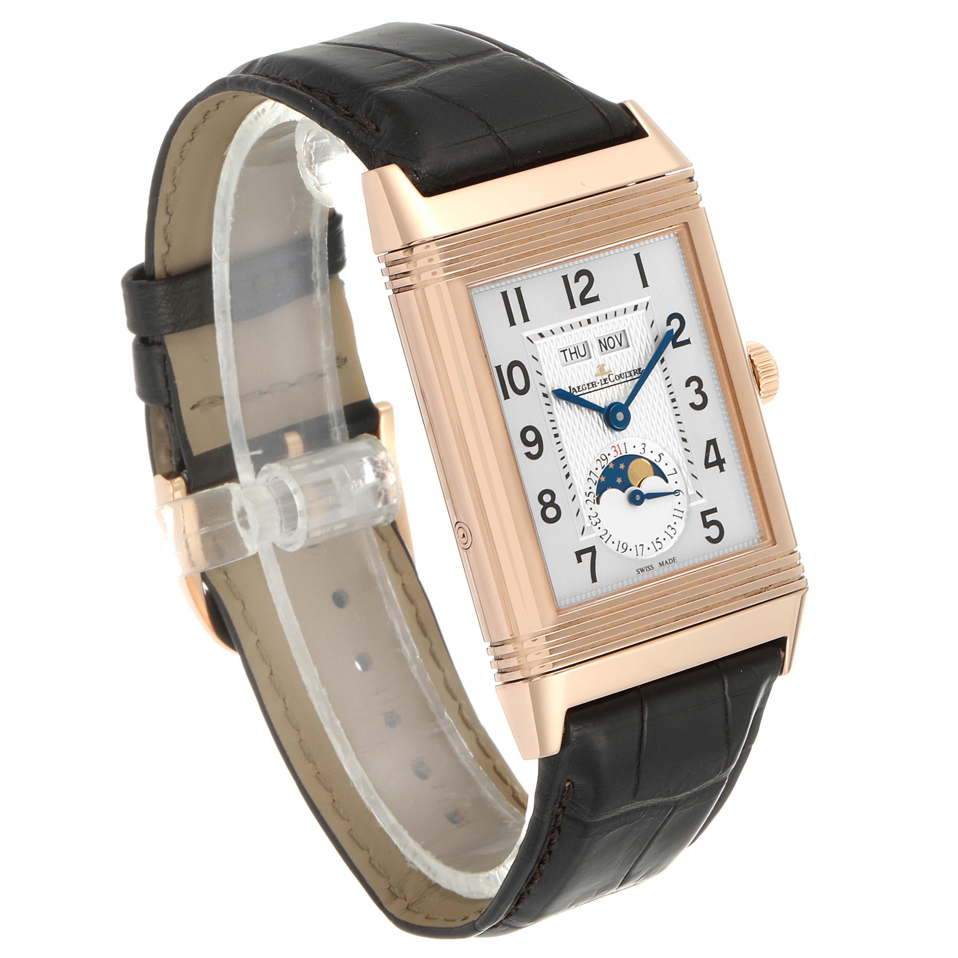 The Jaeger LeCoultre Reverso Q3752520 Men's Rose Gold Silver Dial Q3752520 Men's Rose Gold Silver Dial watch is shown at a three-quarter angle, highlighting the face, crown, and strap.