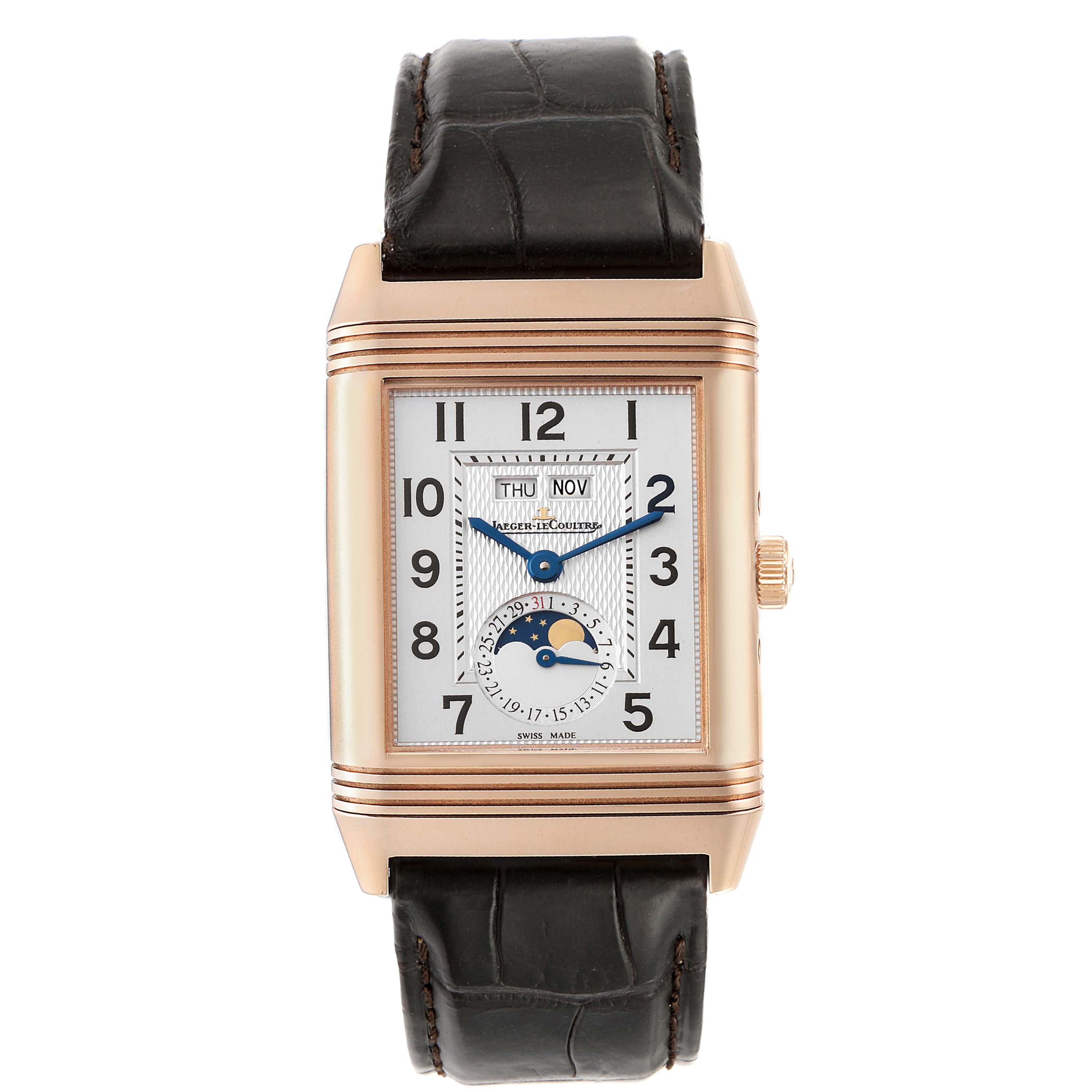 The image shows a front view of a Jaeger LeCoultre Reverso Q3752520 Men's Rose Gold Silver Dial Q3752520 Men's Rose Gold Silver Dial watch, featuring the face, dial, and leather strap.