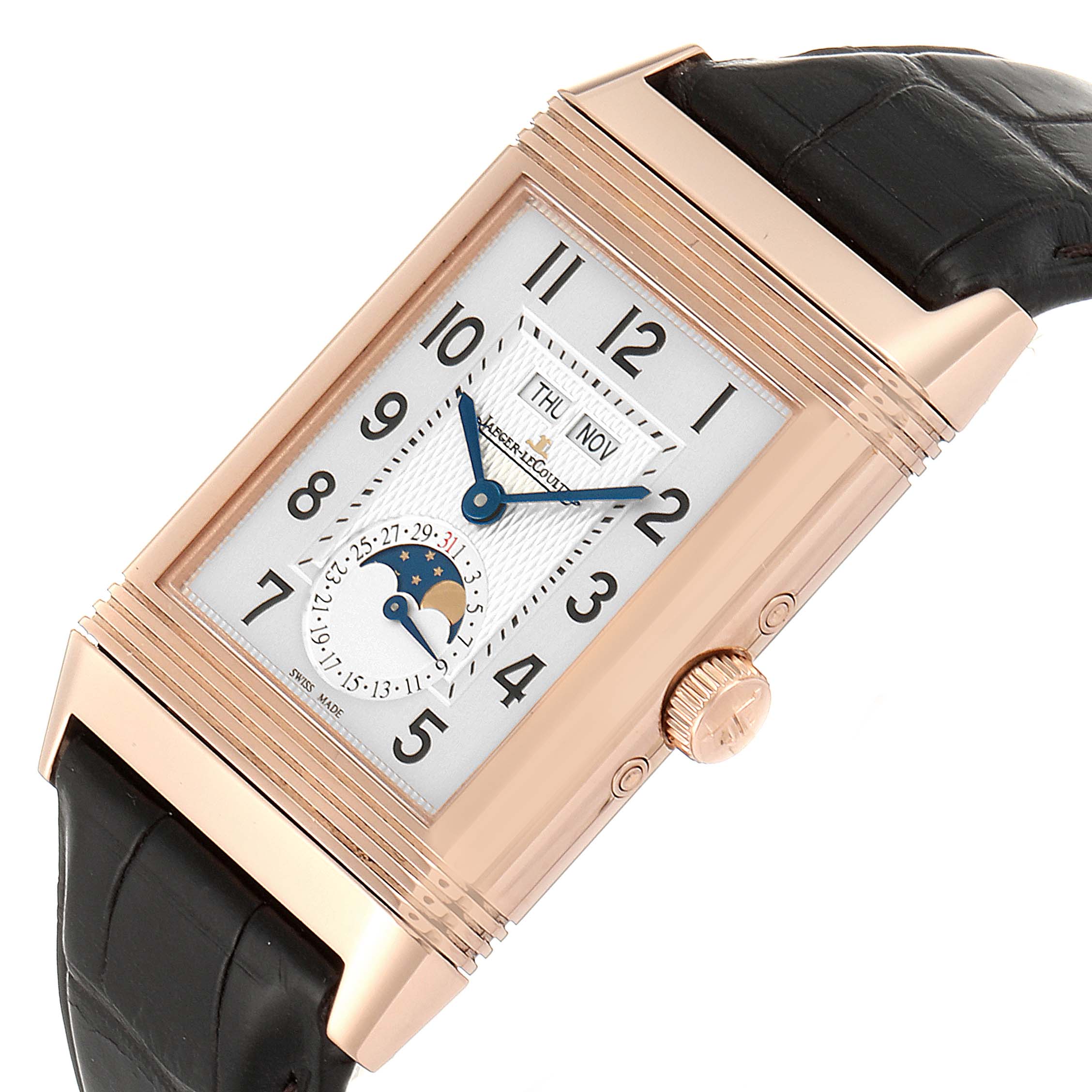 The image shows a Jaeger-LeCoultre Reverso watch at a slight angled view, highlighting the front dial, crown, and a portion of the leather strap.
