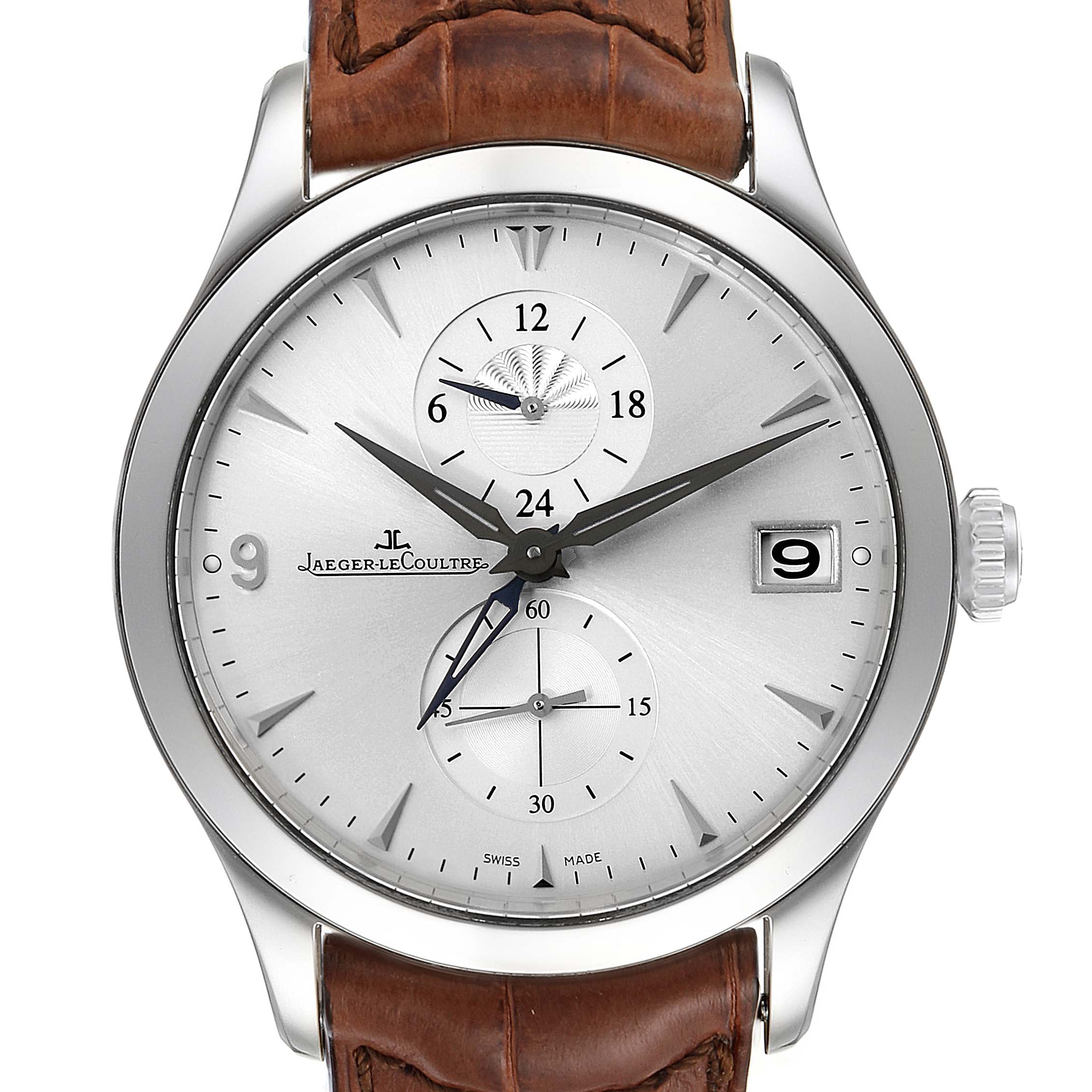 The image shows a front view of the Jaeger-LeCoultre Master model watch, displaying its dial, subdials, date window, and brown leather strap.