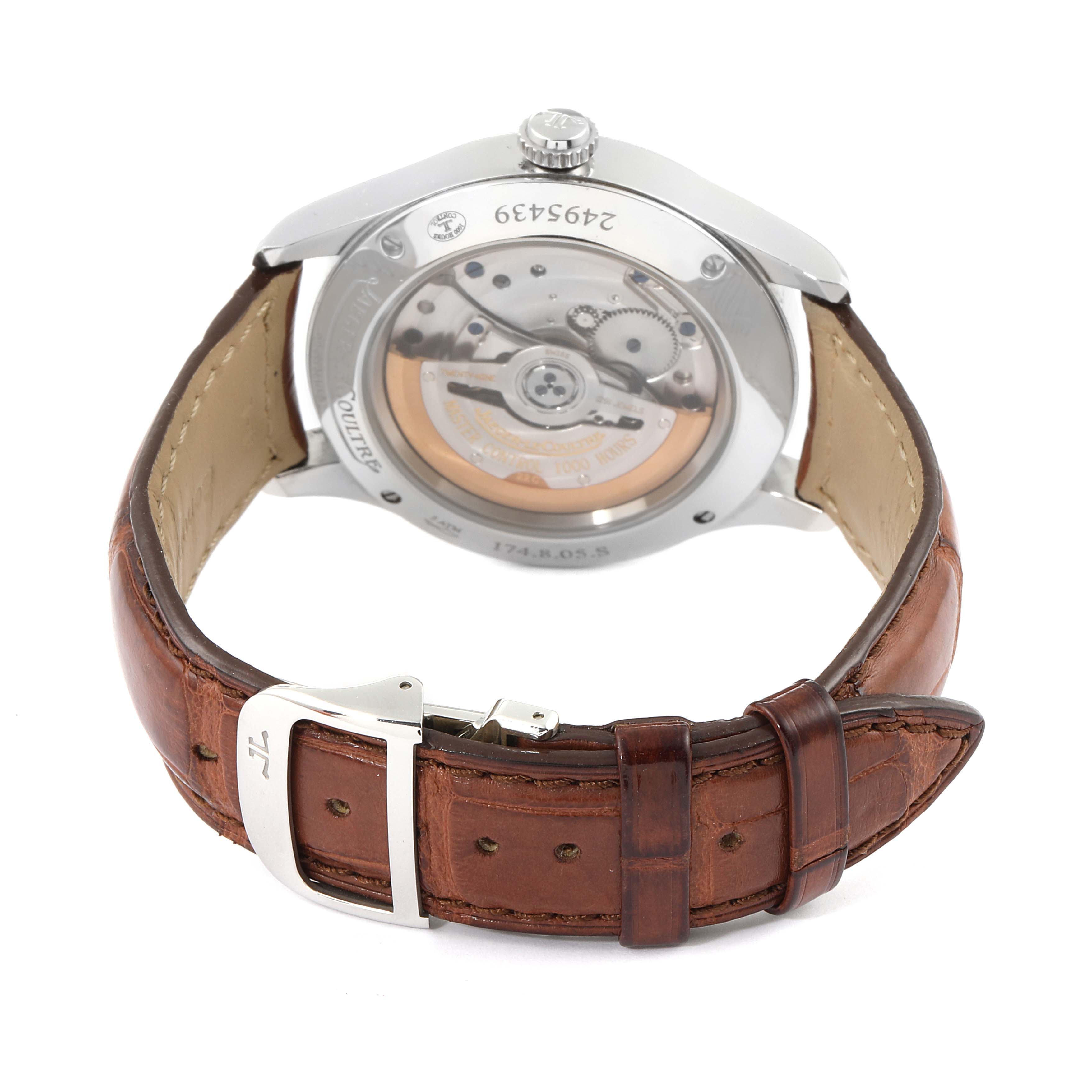 This image shows the back view of a Jaeger-LeCoultre Master model watch, highlighting its transparent case back and brown leather strap.