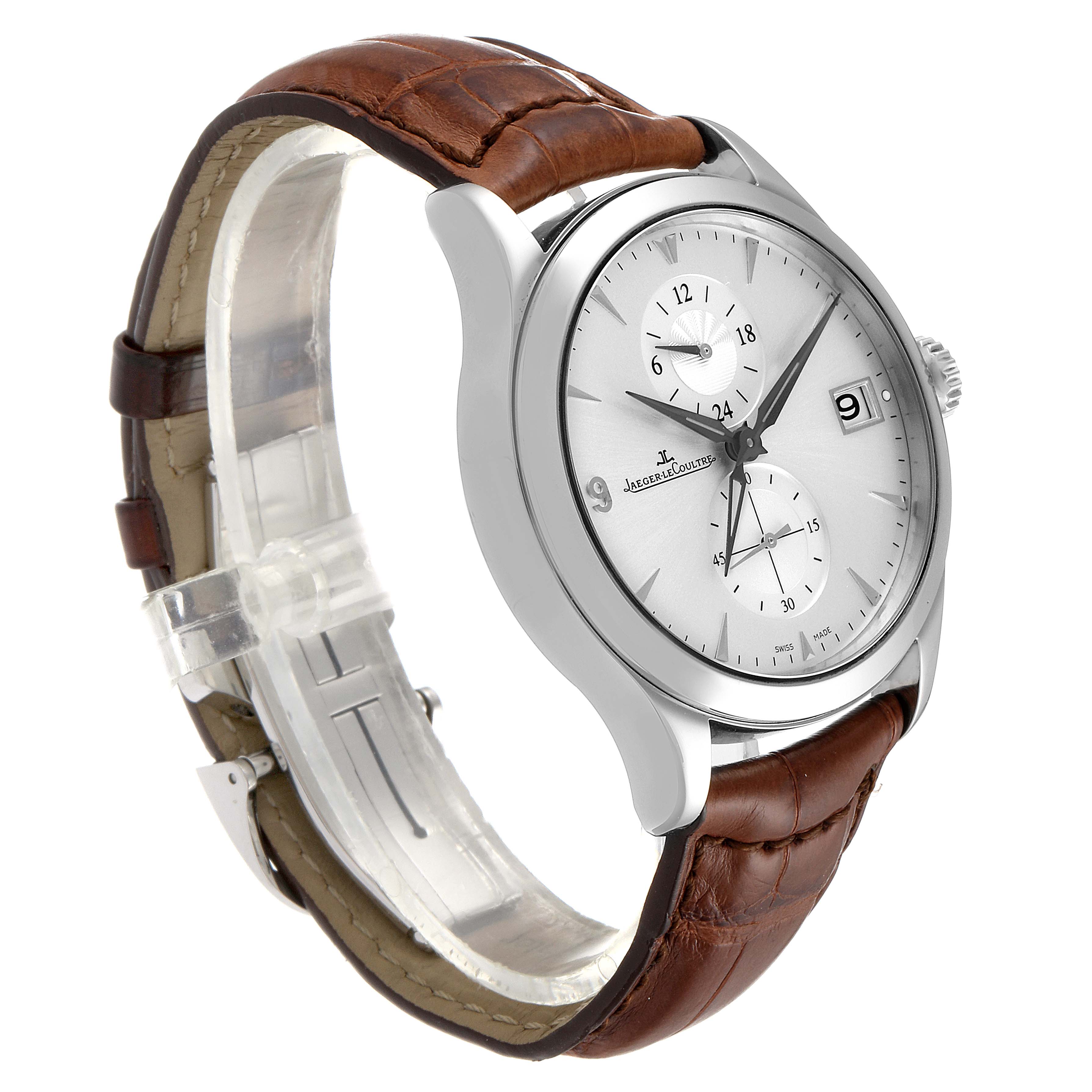 This Jaeger LeCoultre Master Q1628430 Men
s Stainless Steel Silver Dial Q1628430 Men
s Stainless Steel Silver Dial model watch is shown from a front angle, displaying its face, crown, and brown leather strap.