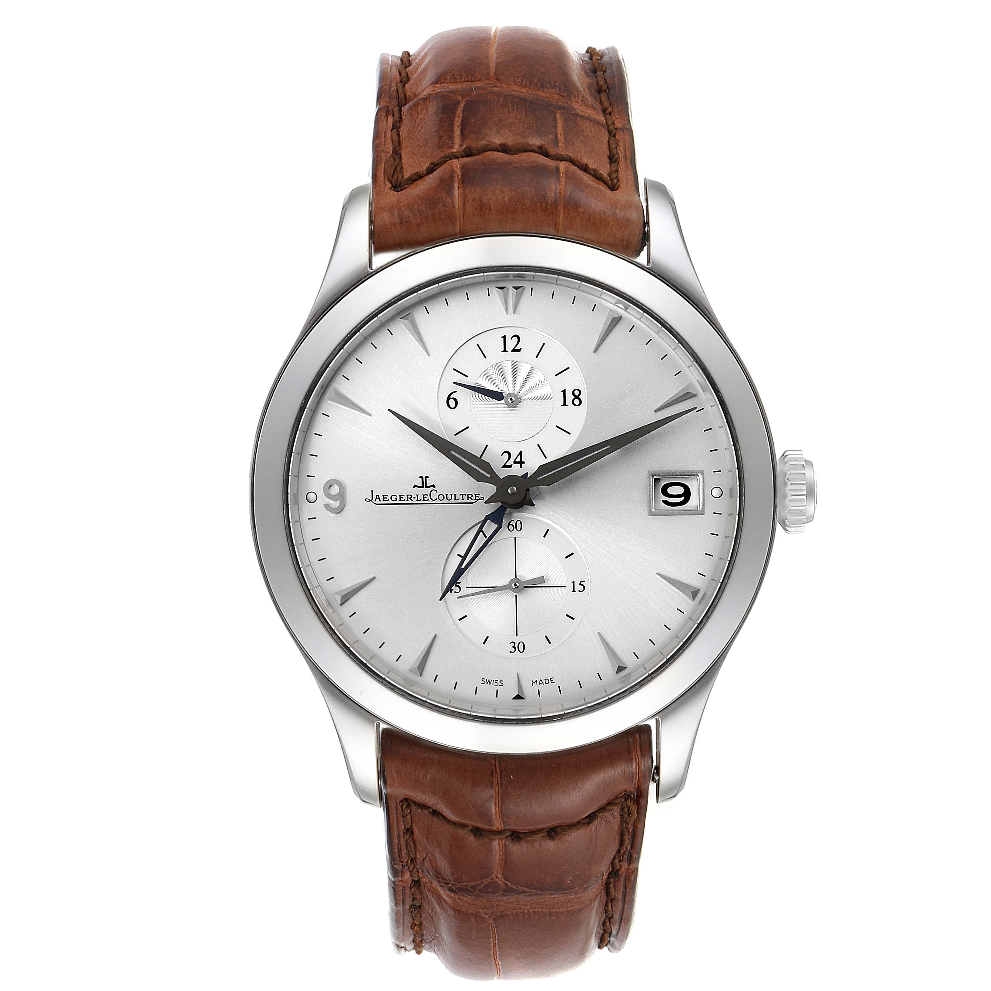 This Jaeger LeCoultre Master Q1628430 Men
s Stainless Steel Silver Dial Q1628430 Men
s Stainless Steel Silver Dial watch is shown from a front angle, displaying its face, dial, hands, subdials, and brown leather strap.