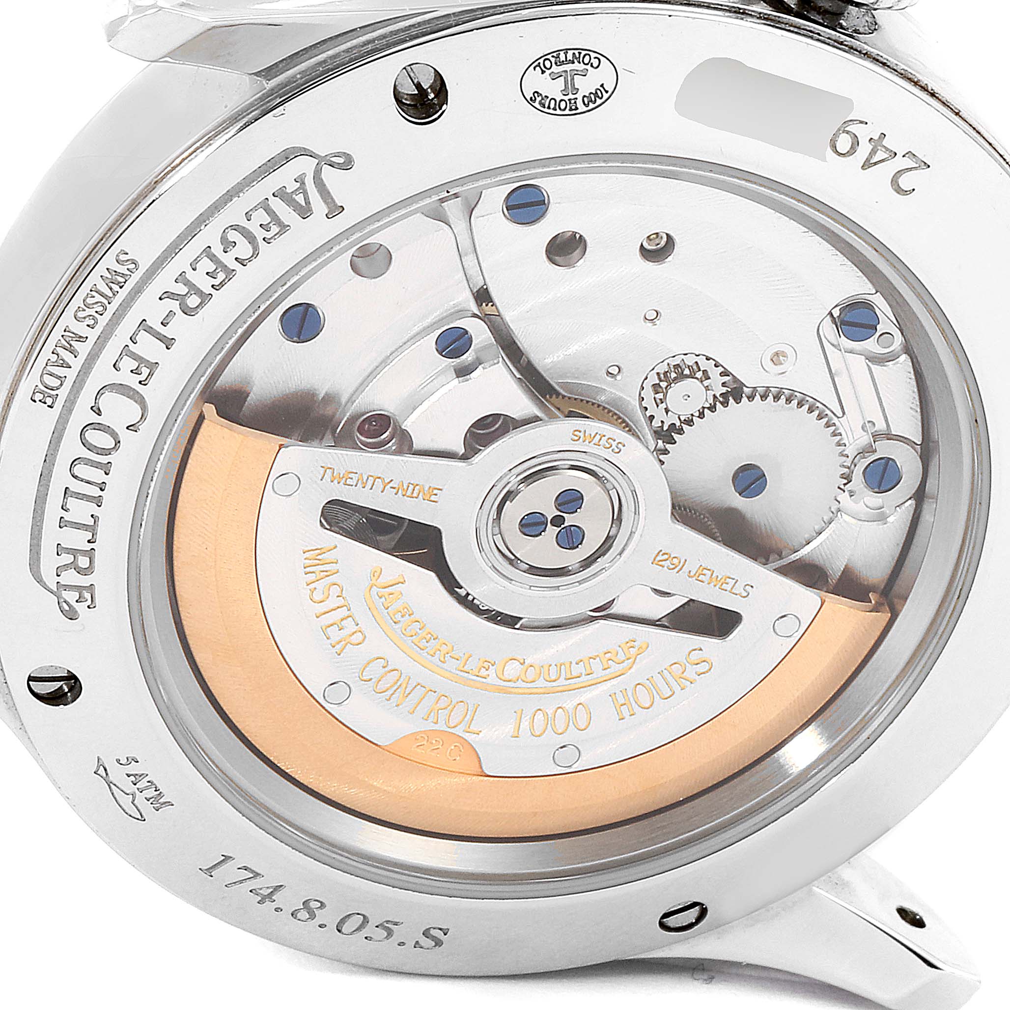 The image shows the Jaeger-LeCoultre Master model watch from a back view, highlighting its intricate movement and rotor.