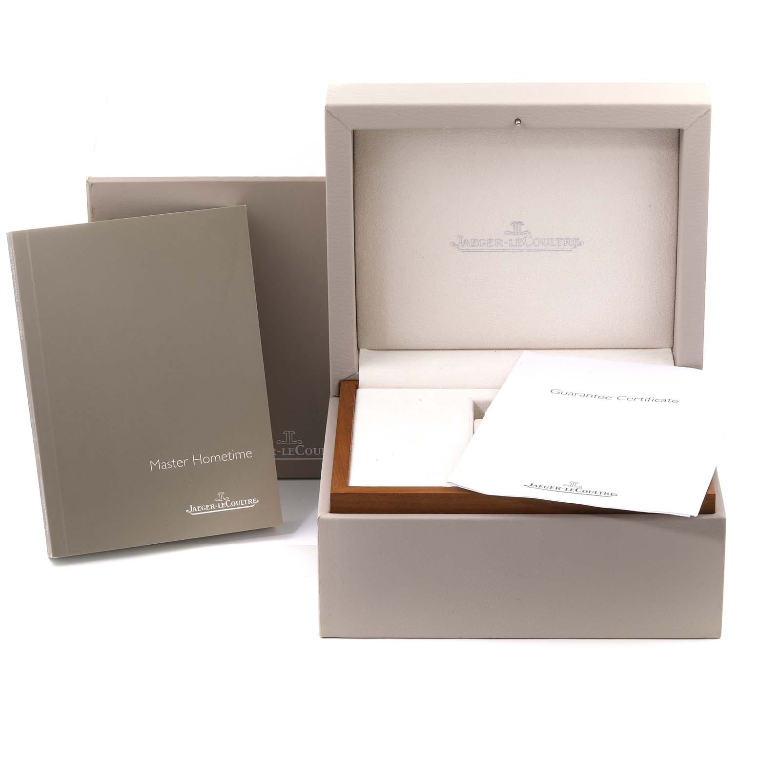 The image shows the packaging, manual, and guarantee certificate for the Jaeger LeCoultre Master Q1628430 Men
s Stainless Steel Silver Dial Q1628430 Men
s Stainless Steel Silver Dial model watch.