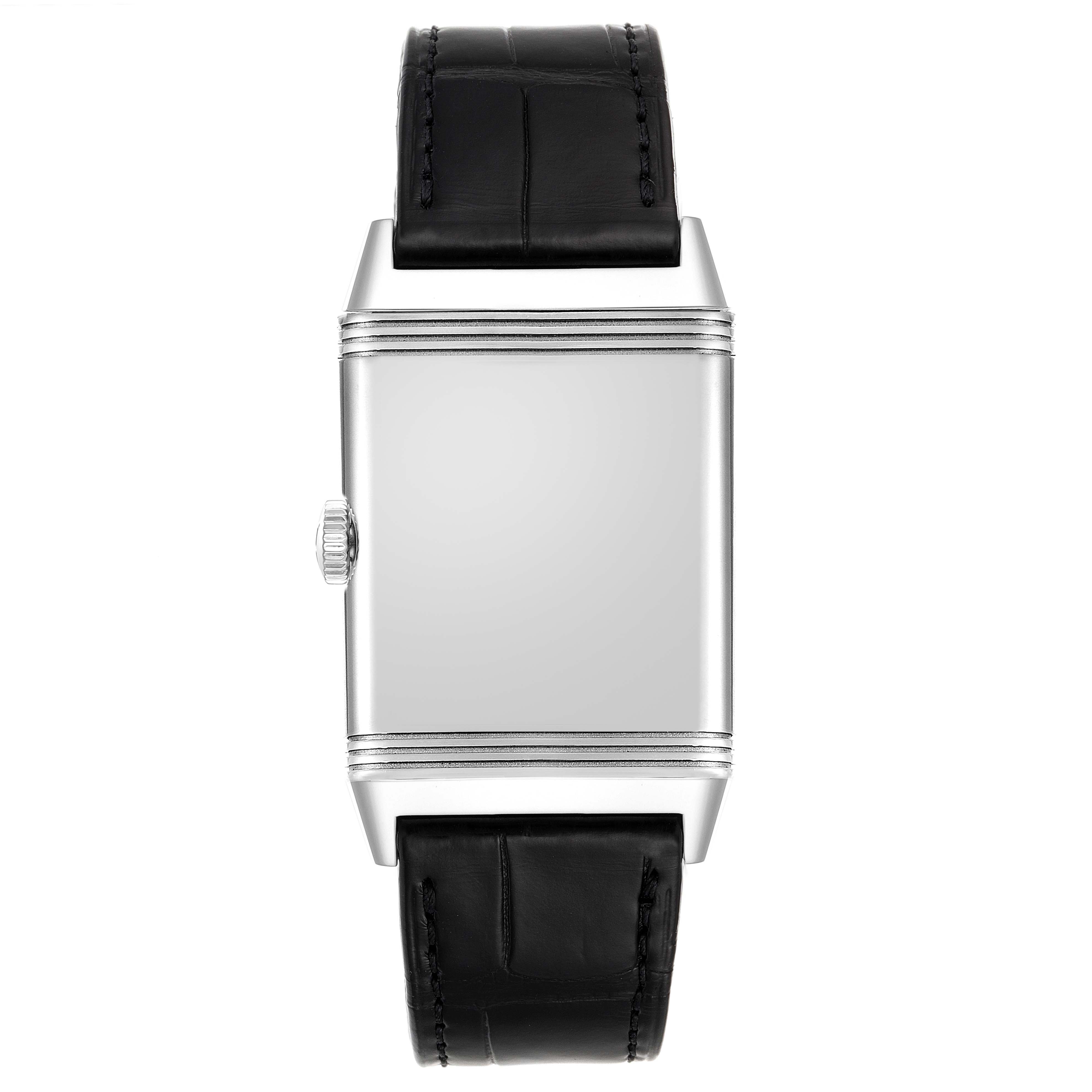 The image shows a front view of a Jaeger LeCoultre Reverso Q3858520 Men's Stainless Steel Silver Dial Q3858520 Men's Stainless Steel Silver Dial watch with a leather strap and a side crown.