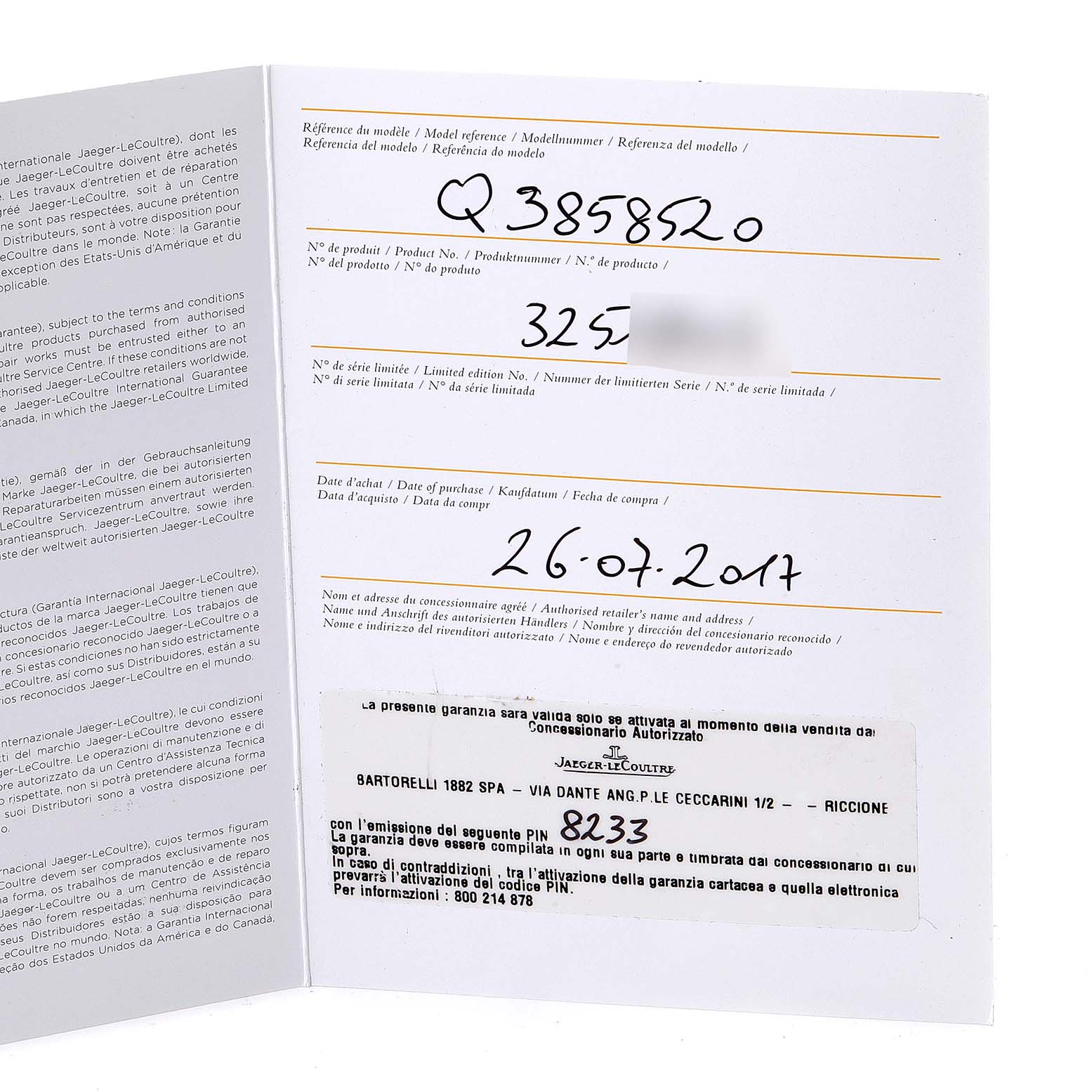 The image shows the warranty and authenticity booklet for the Jaeger-LeCoultre Reverso watch model.