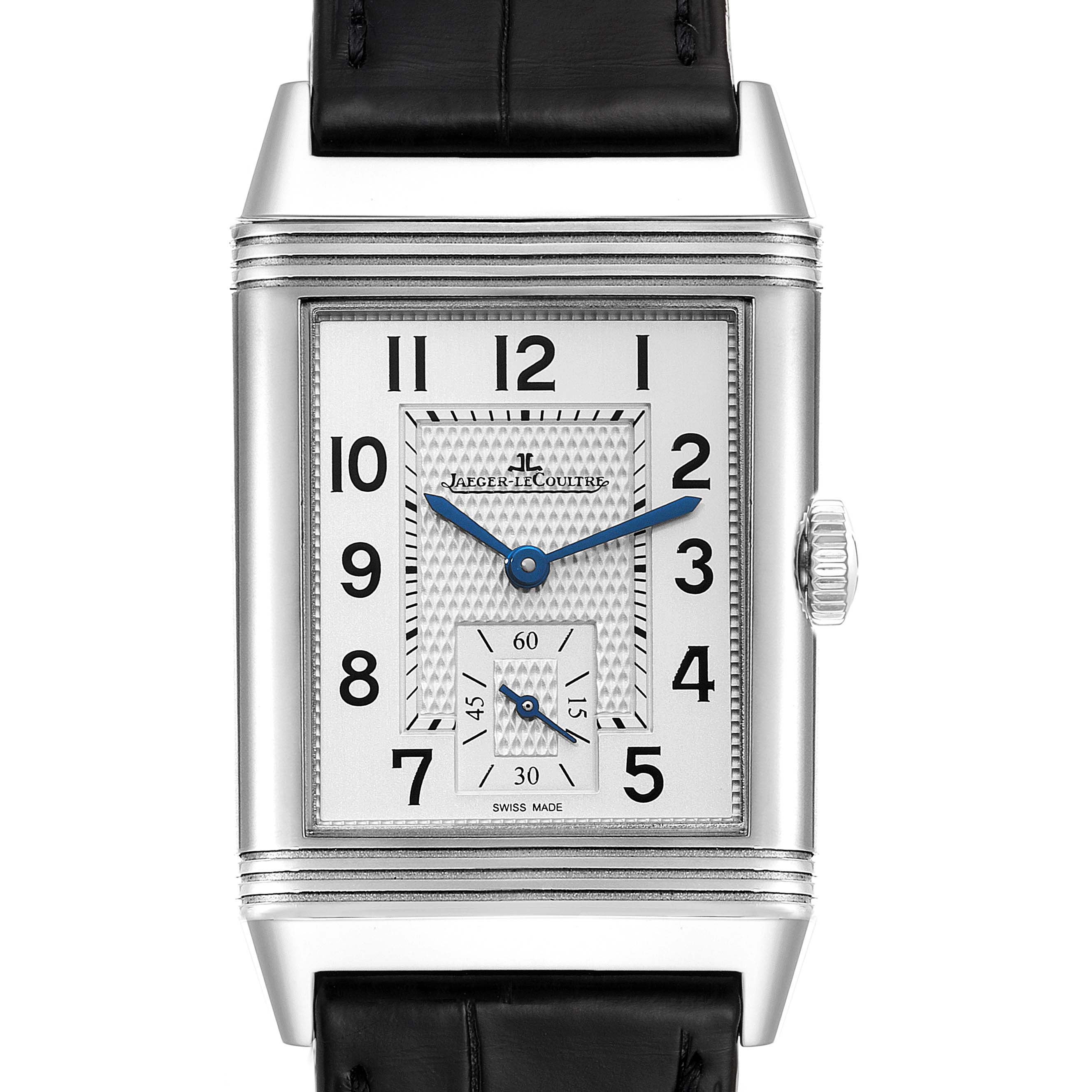 The image shows a front view of the Jaeger LeCoultre Reverso Q3858520 Men's Stainless Steel Silver Dial Q3858520 Men's Stainless Steel Silver Dial watch featuring its rectangular dial and black leather strap.