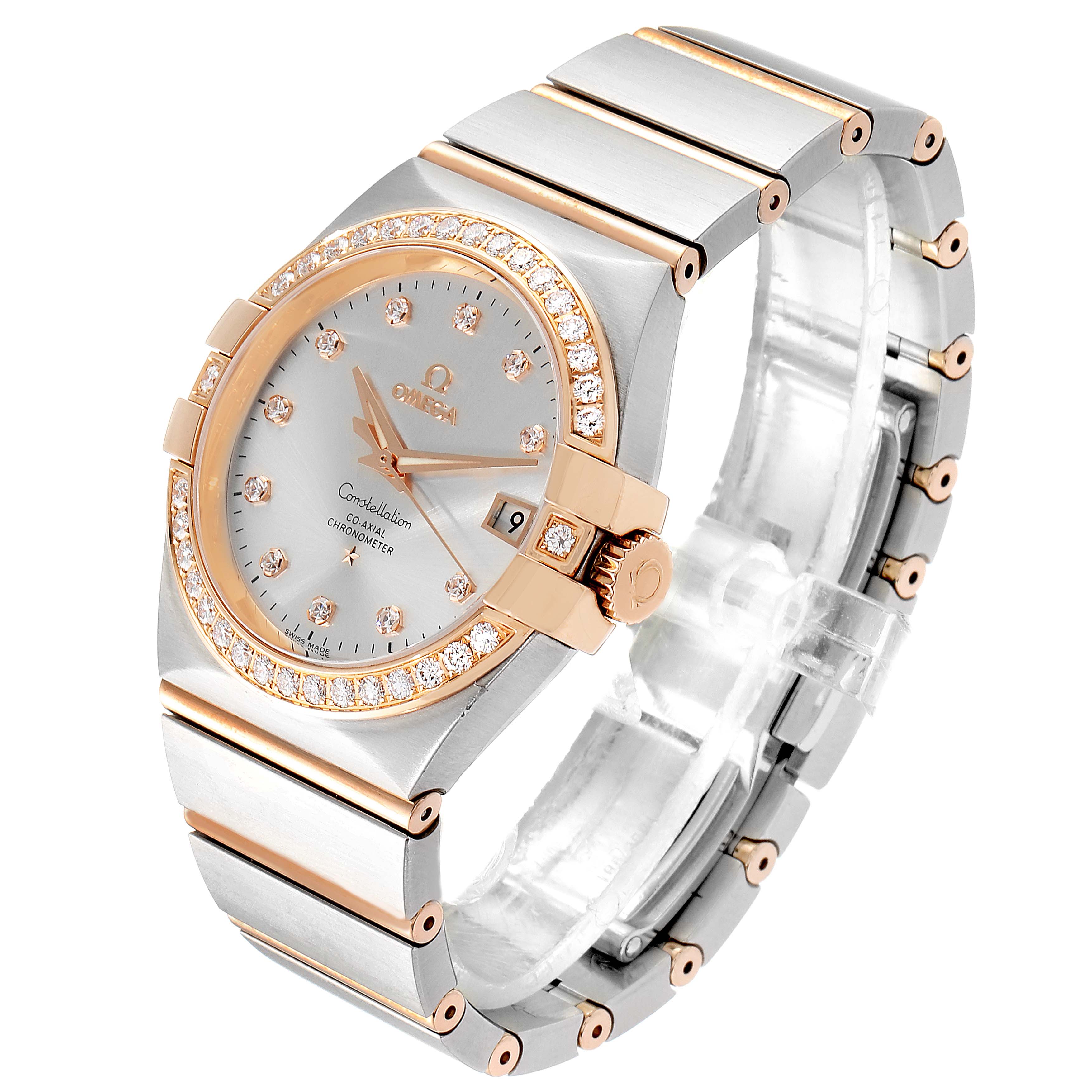 The Omega Constellation 123.25.35.20.52.001 Men's Stainless Steel Silver Dial 123.25.35.20.52.001 Men's Stainless Steel Silver Dial watch is shown at a right-front angle, highlighting its dial, bezel, crown, and bracelet.