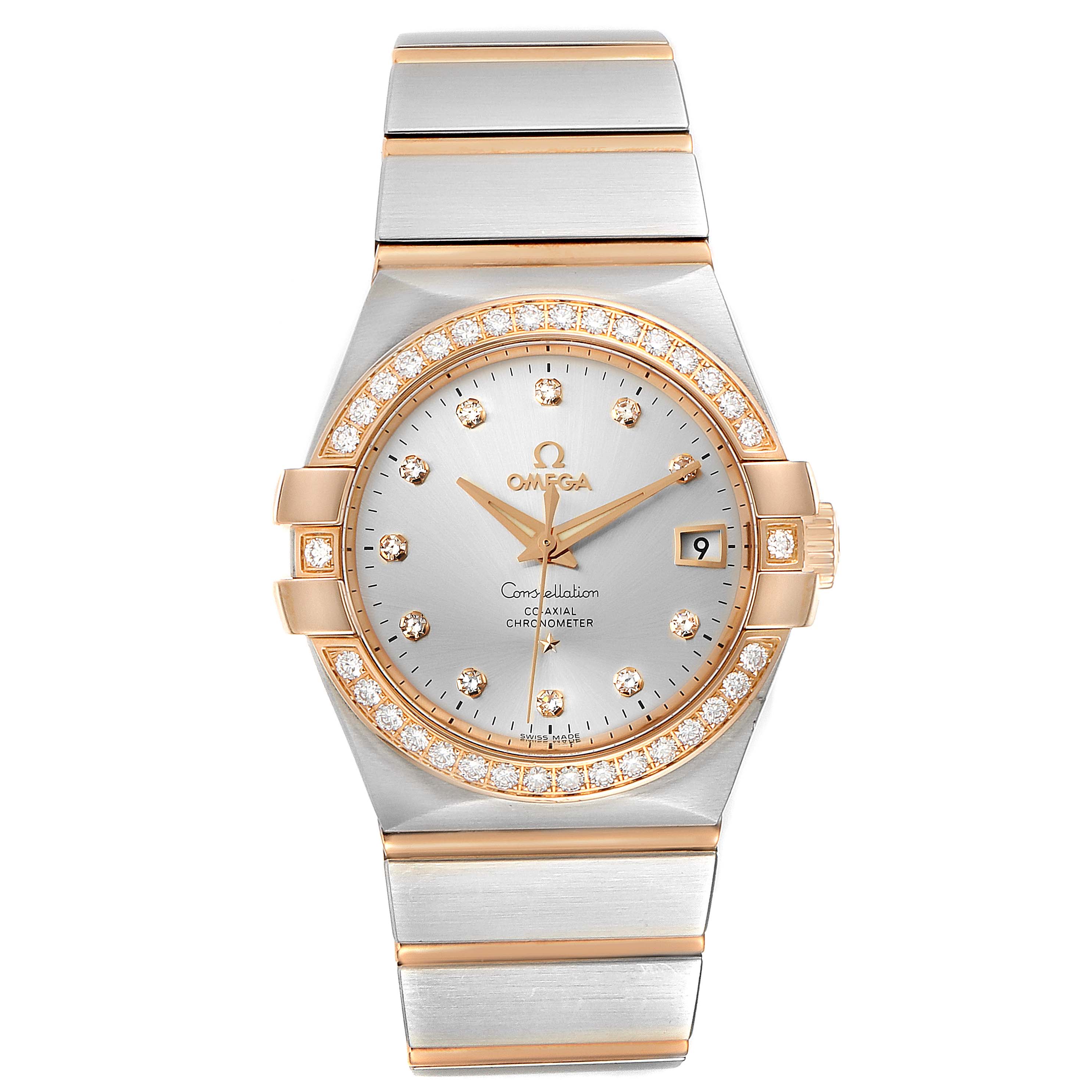 The image shows a front view of an Omega Constellation 123.25.35.20.52.001 Men's Stainless Steel Silver Dial 123.25.35.20.52.001 Men's Stainless Steel Silver Dial watch with a metal band and diamond-studded bezel.