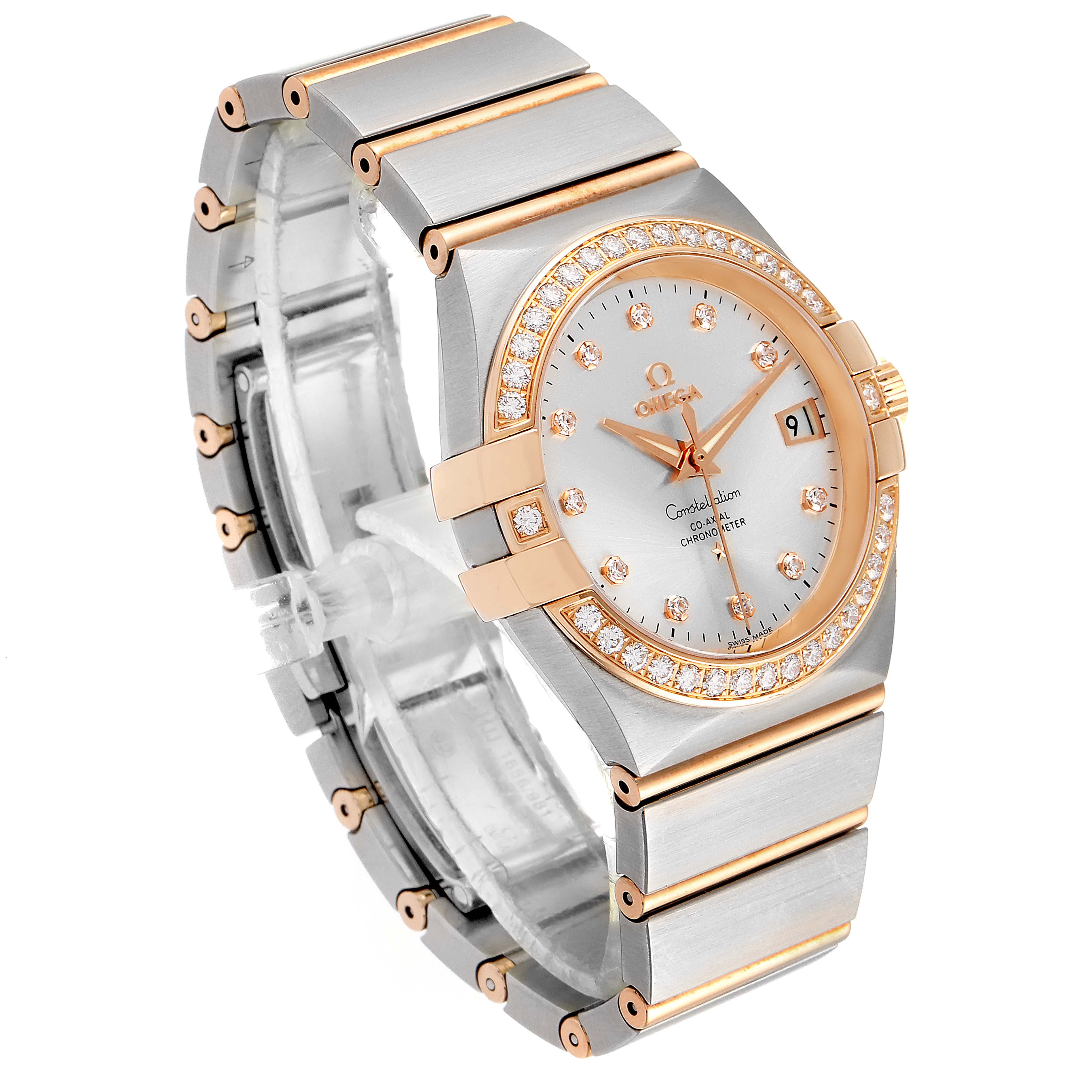 This Omega Constellation 123.25.35.20.52.001 Men's Stainless Steel Silver Dial 123.25.35.20.52.001 Men's Stainless Steel Silver Dial watch is shown at an angle displaying its face, bezel, and part of the bracelet.