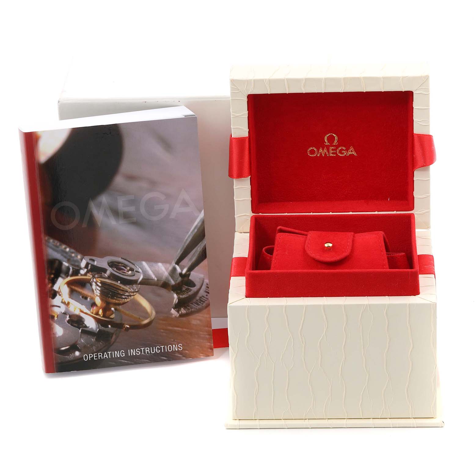 The image shows the packaging and operating instructions for the Omega Constellation 123.25.35.20.52.001 Men's Stainless Steel Silver Dial 123.25.35.20.52.001 Men's Stainless Steel Silver Dial watch model, including a red-lined box.