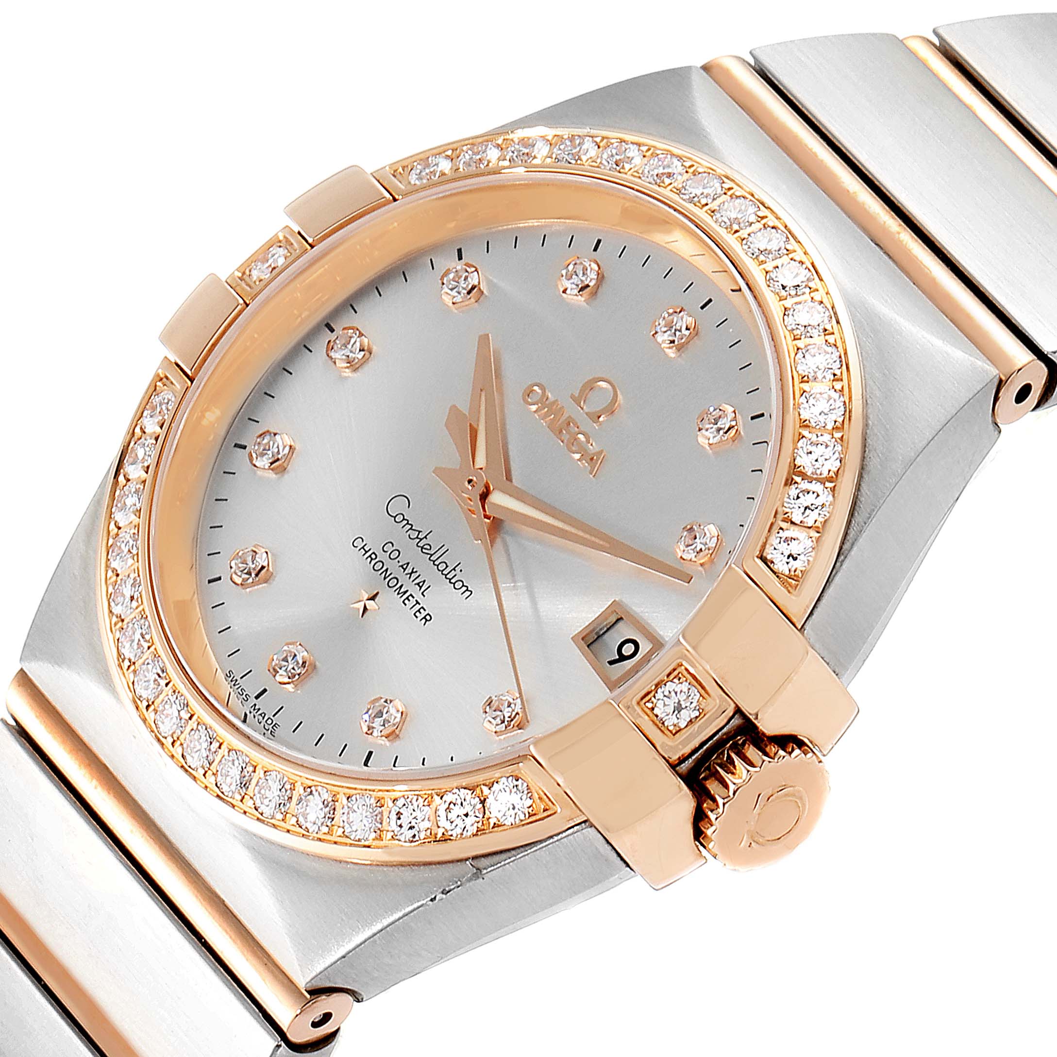 The Omega Constellation 123.25.35.20.52.001 Men's Stainless Steel Silver Dial 123.25.35.20.52.001 Men's Stainless Steel Silver Dial watch is shown at a slight angle, highlighting its diamond-studded bezel, crown, and bracelet.