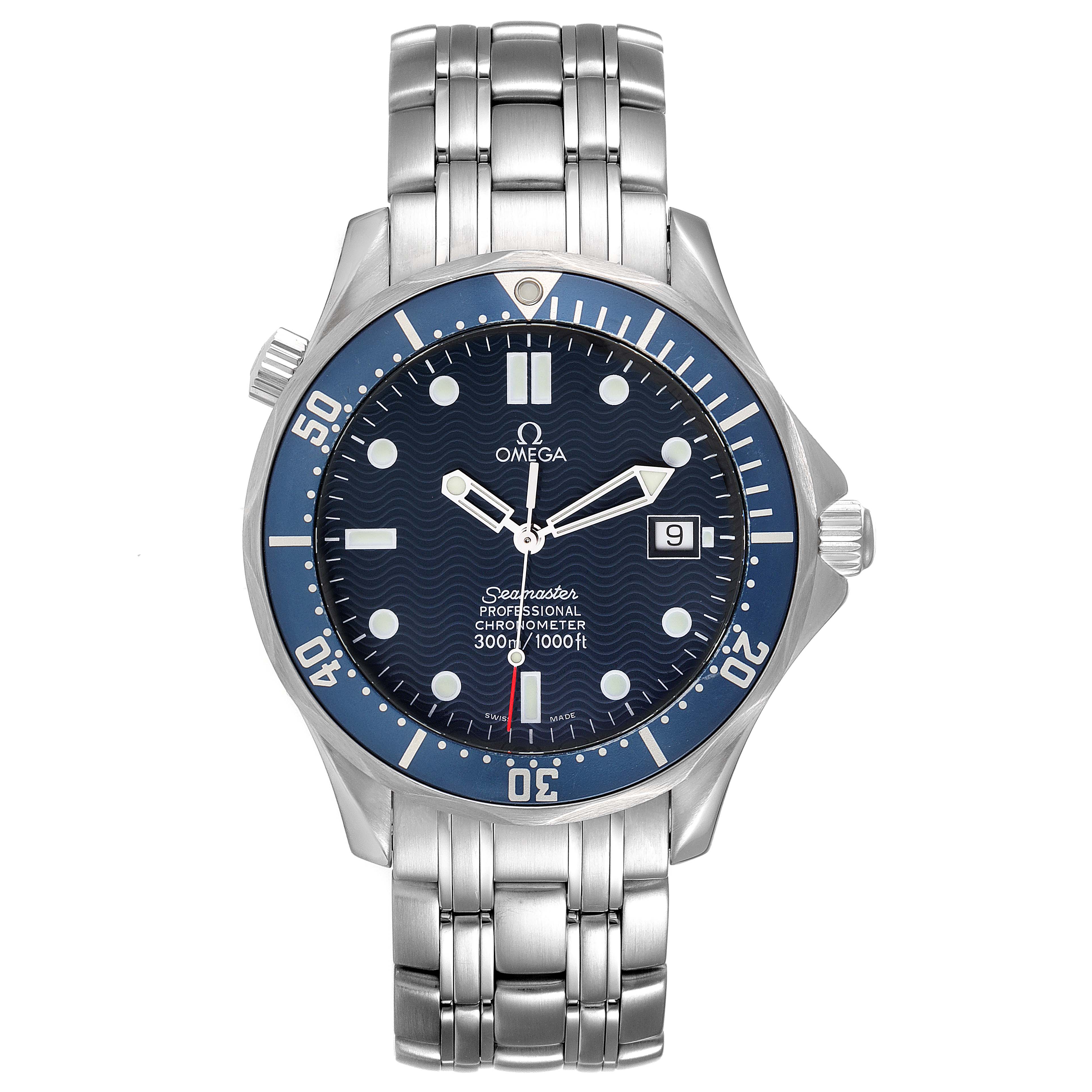 The Omega Seamaster 2531.80.00 Men's Stainless Steel Blue Dial 2531.80.00 Men's Stainless Steel Blue Dial watch is shown from a front angle, displaying its face, bezel, and stainless steel bracelet.