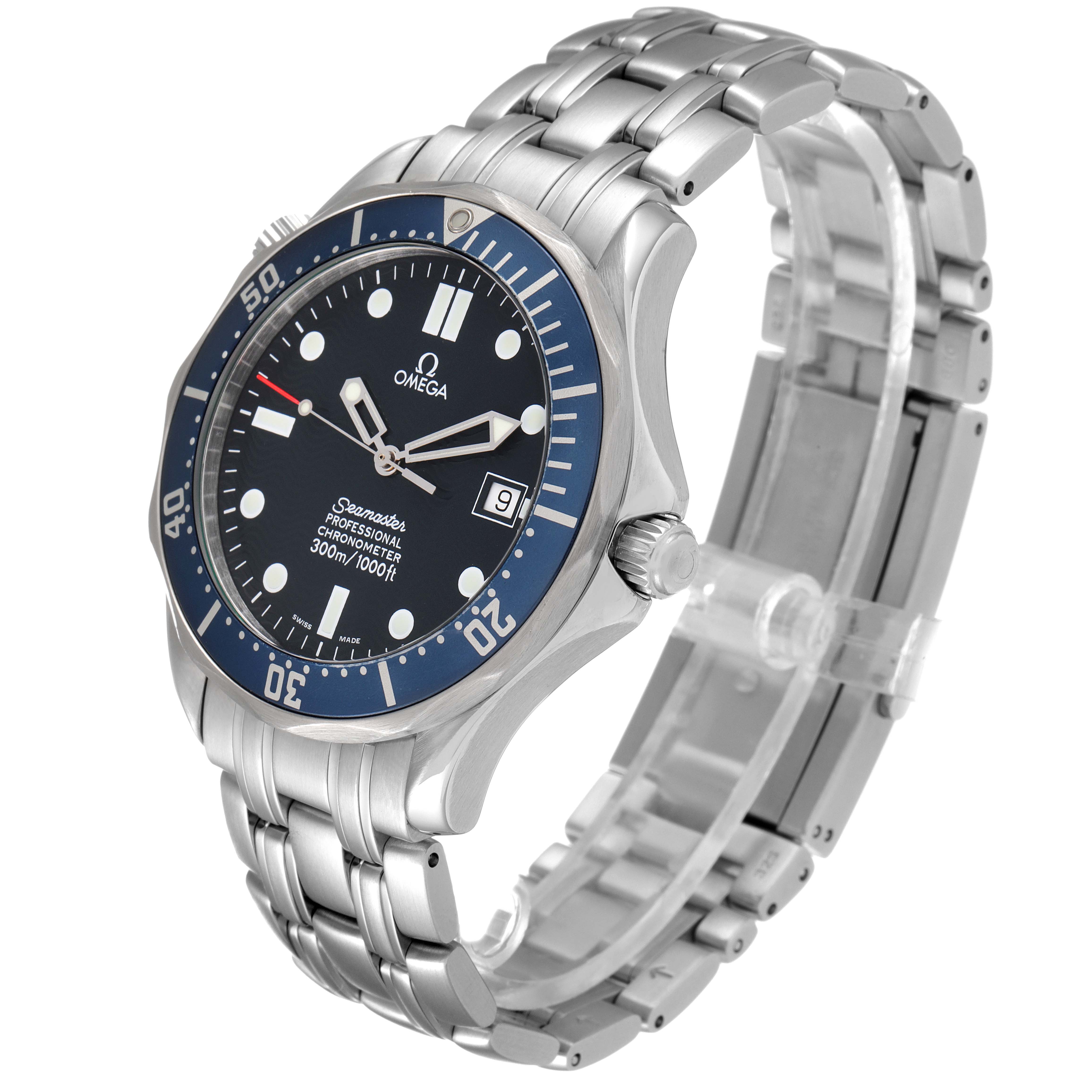 The Omega Seamaster 2531.80.00 Men's Stainless Steel Blue Dial 2531.80.00 Men's Stainless Steel Blue Dial watch is shown at a three-quarter angle, displaying the face, bezel, crown, and stainless steel bracelet.