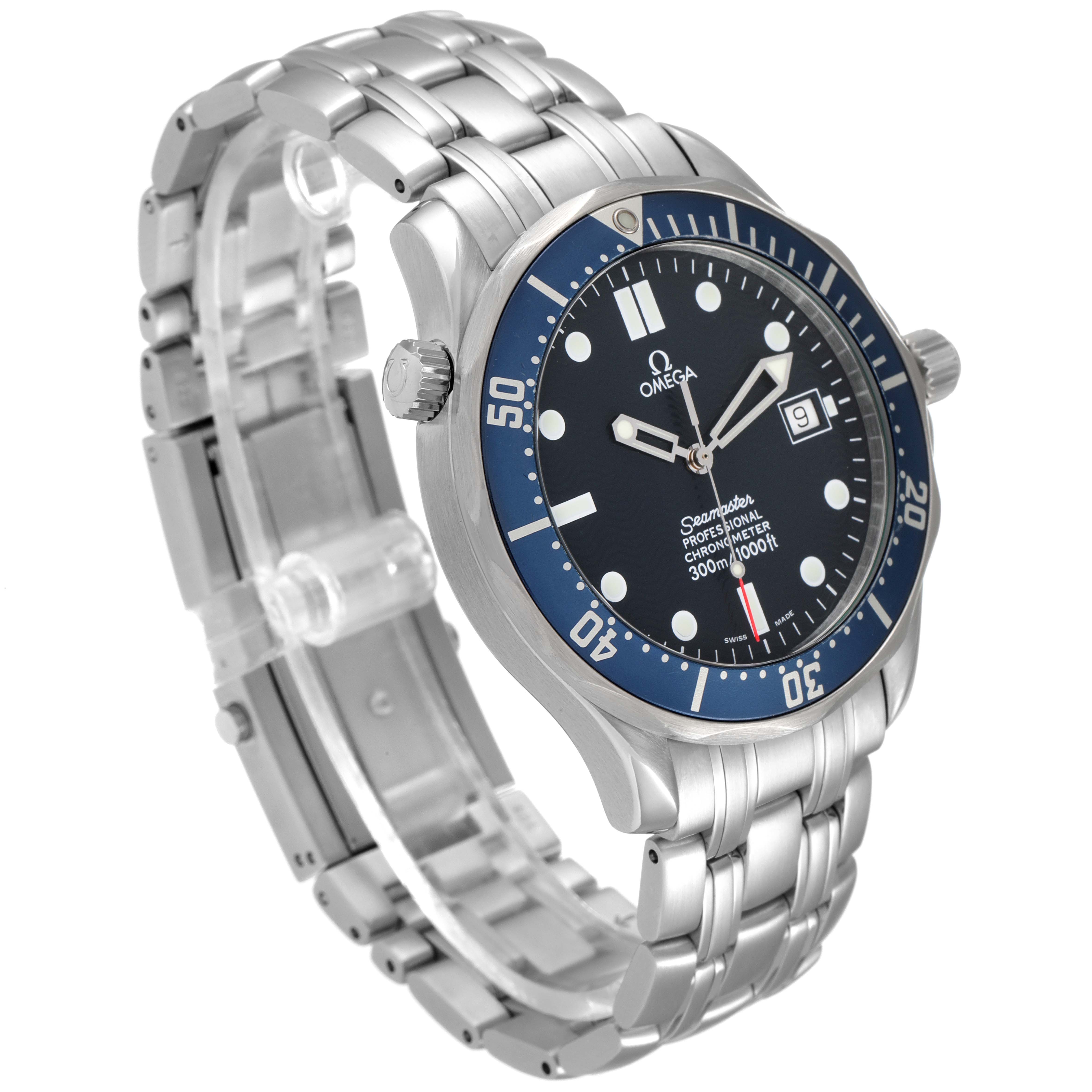 The image shows an angled view of the Omega Seamaster 2531.80.00 Men's Stainless Steel Blue Dial 2531.80.00 Men's Stainless Steel Blue Dial watch, highlighting its bezel, dial, bracelet, and crown.