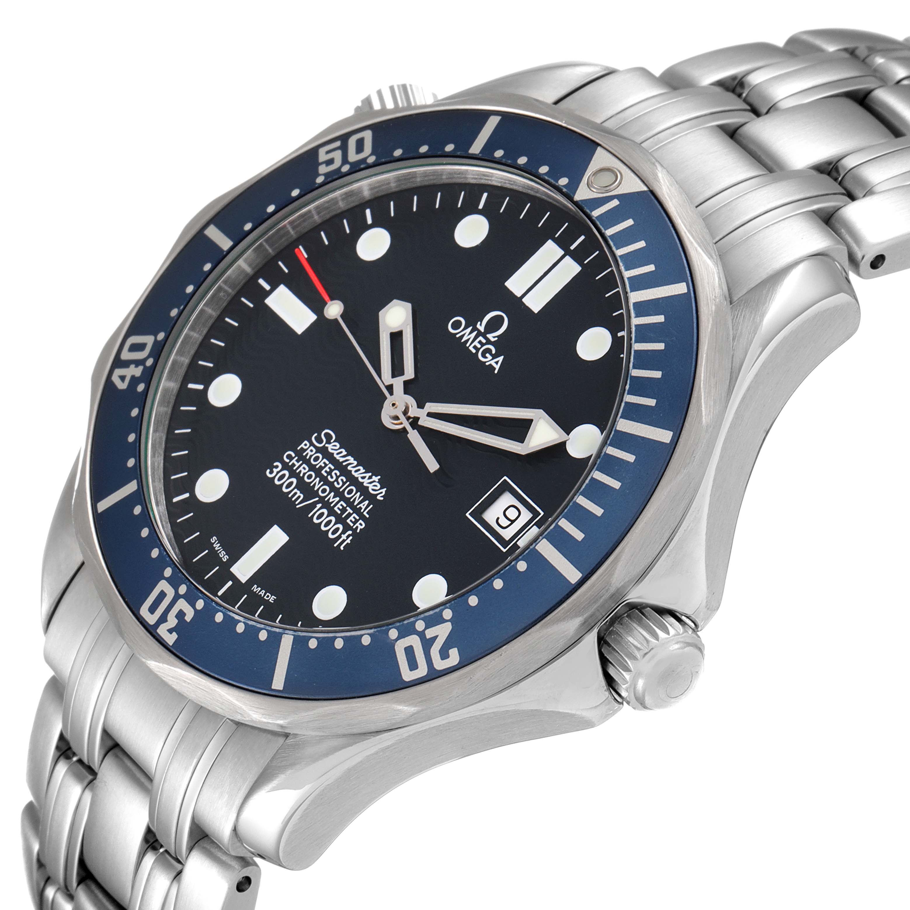 The Omega Seamaster 2531.80.00 Men's Stainless Steel Blue Dial 2531.80.00 Men's Stainless Steel Blue Dial watch is shown from an angled view highlighting its face, bezel, crown, and stainless steel bracelet.