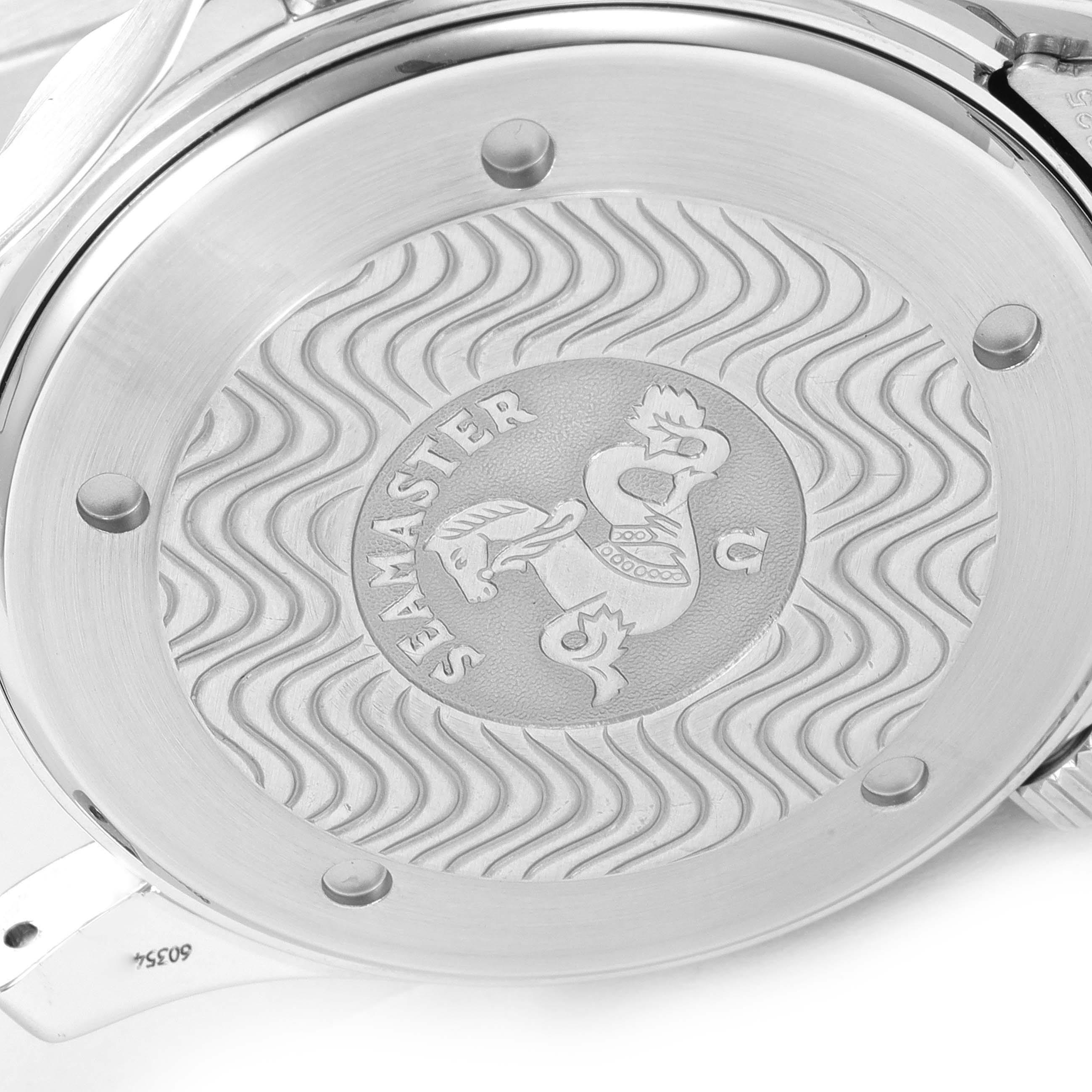 The image shows the engraved case back of an Omega Seamaster 2531.80.00 Men's Stainless Steel Blue Dial 2531.80.00 Men's Stainless Steel Blue Dial watch from a slightly tilted angle.