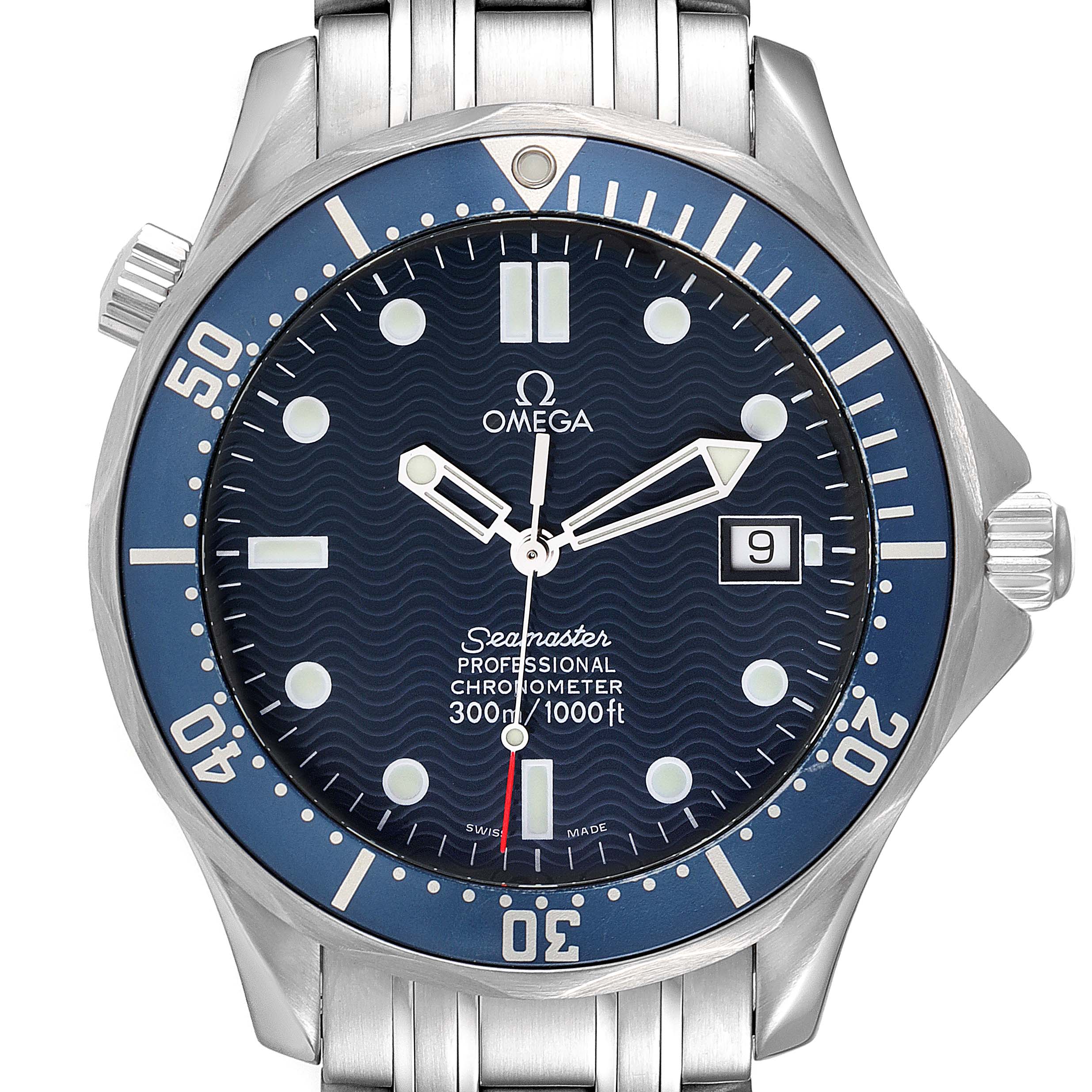 The image shows a front view of the Omega Seamaster 2531.80.00 Men's Stainless Steel Blue Dial 2531.80.00 Men's Stainless Steel Blue Dial watch, highlighting its dial, bezel, and bracelet.