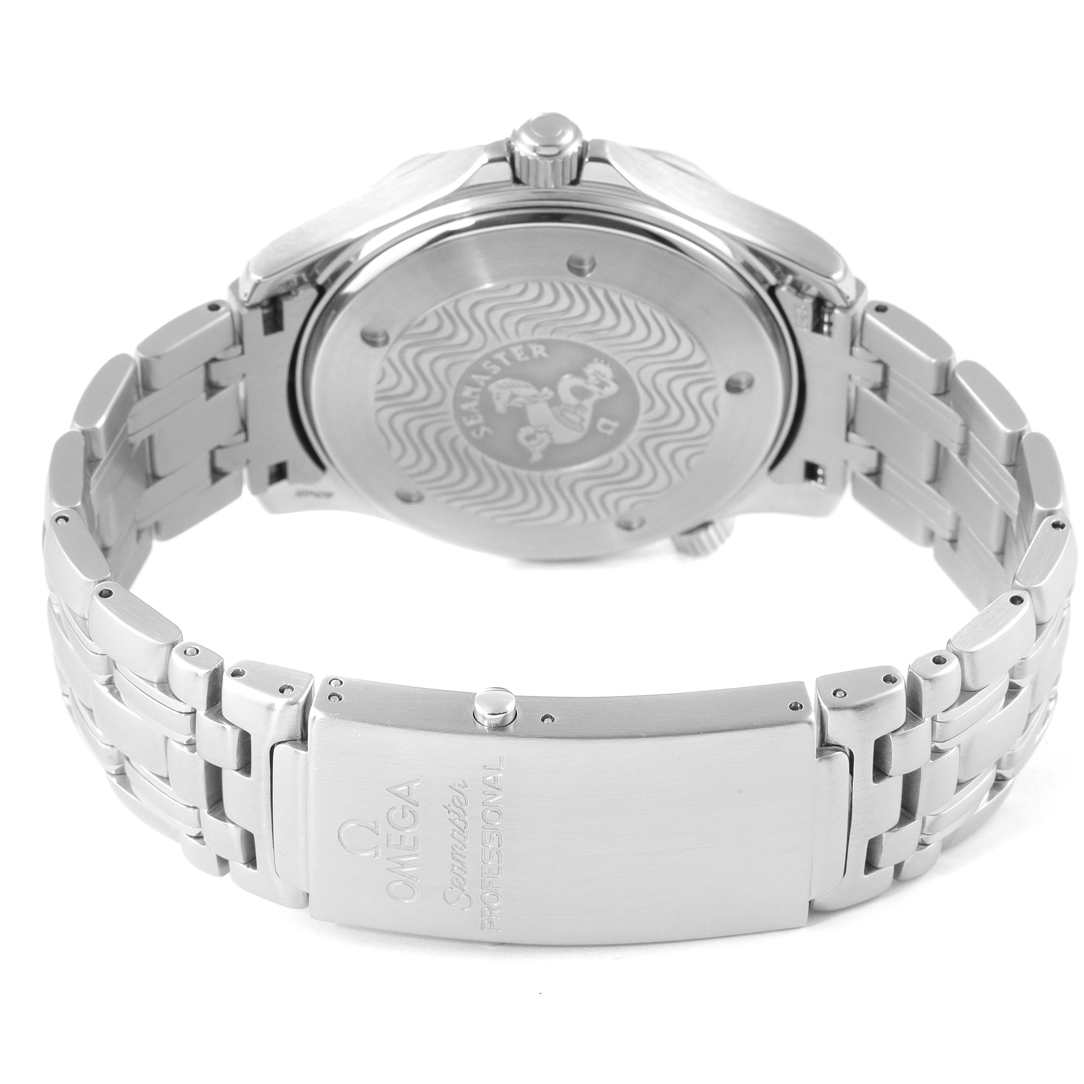 This Omega Seamaster 2531.80.00 Men's Stainless Steel Blue Dial 2531.80.00 Men's Stainless Steel Blue Dial watch is shown from the back, displaying the case back and stainless steel bracelet with the clasp.