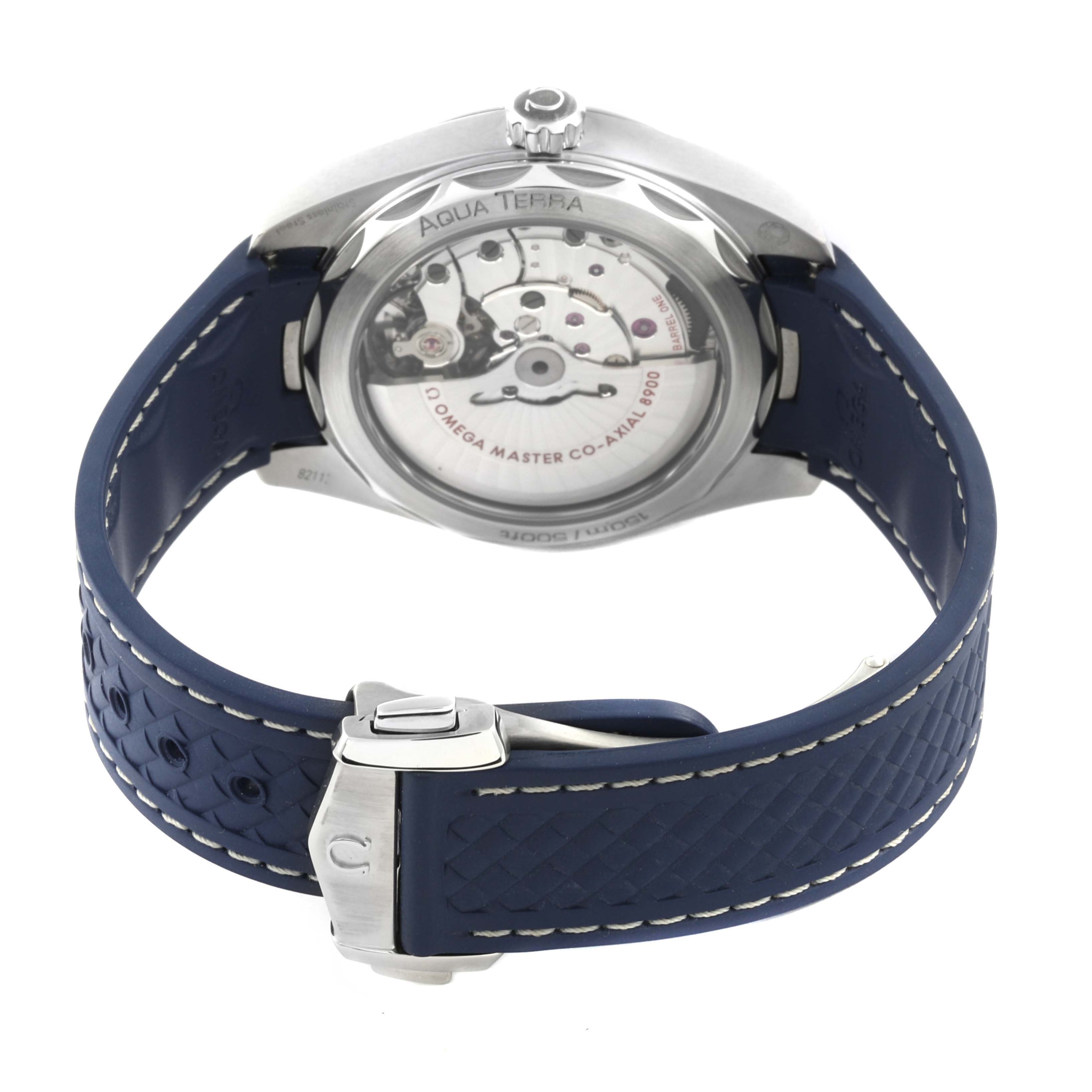 The Omega Aqua Terra 220.12.41.21.03.001 Men
s Stainless Steel Blue Dial 220.12.41.21.03.001 Men
s Stainless Steel Blue Dial watch is shown from the back, highlighting the movement and blue rubber strap with a clasp.