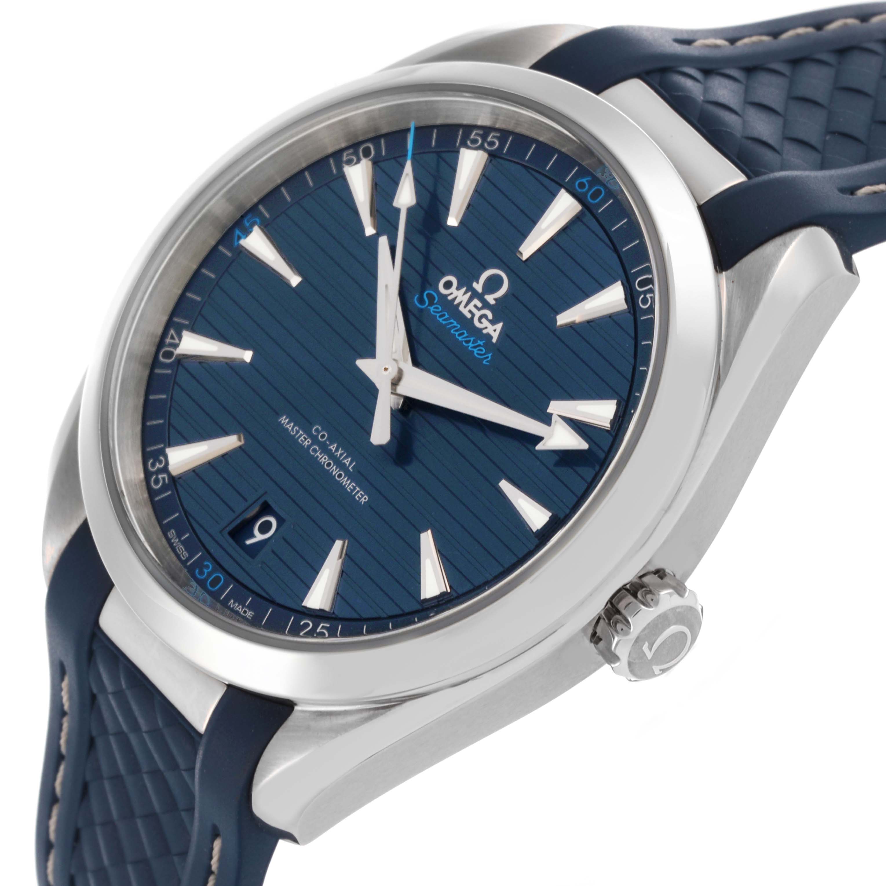 The Omega Aqua Terra 220.12.41.21.03.001 Men
s Stainless Steel Blue Dial 220.12.41.21.03.001 Men
s Stainless Steel Blue Dial watch is shown at an oblique angle, highlighting the dial, crown, and part of the strap.