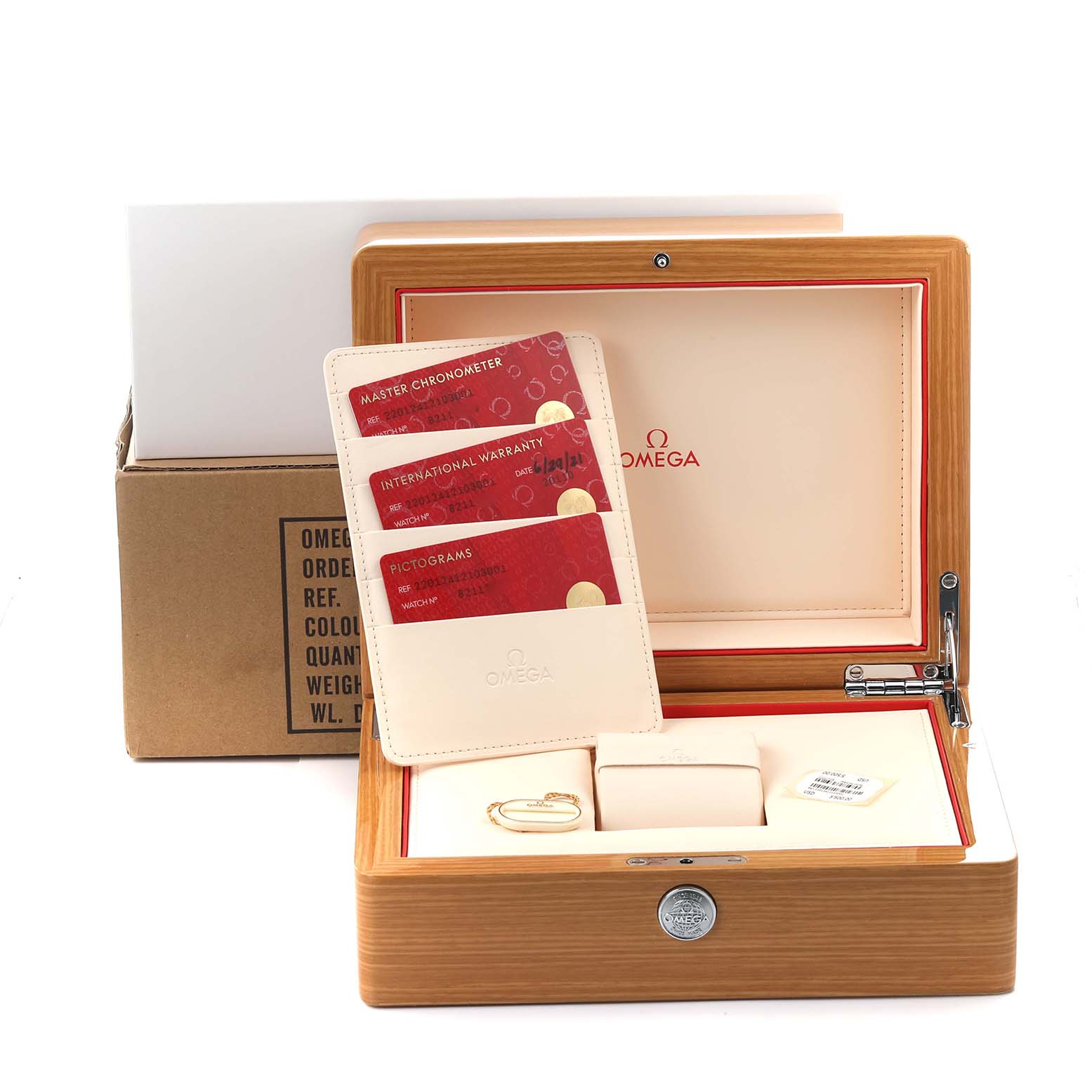 The image shows the packaging and accessories of an Omega Aqua Terra 220.12.41.21.03.001 Men
s Stainless Steel Blue Dial 220.12.41.21.03.001 Men
s Stainless Steel Blue Dial watch, including the box and warranty cards.