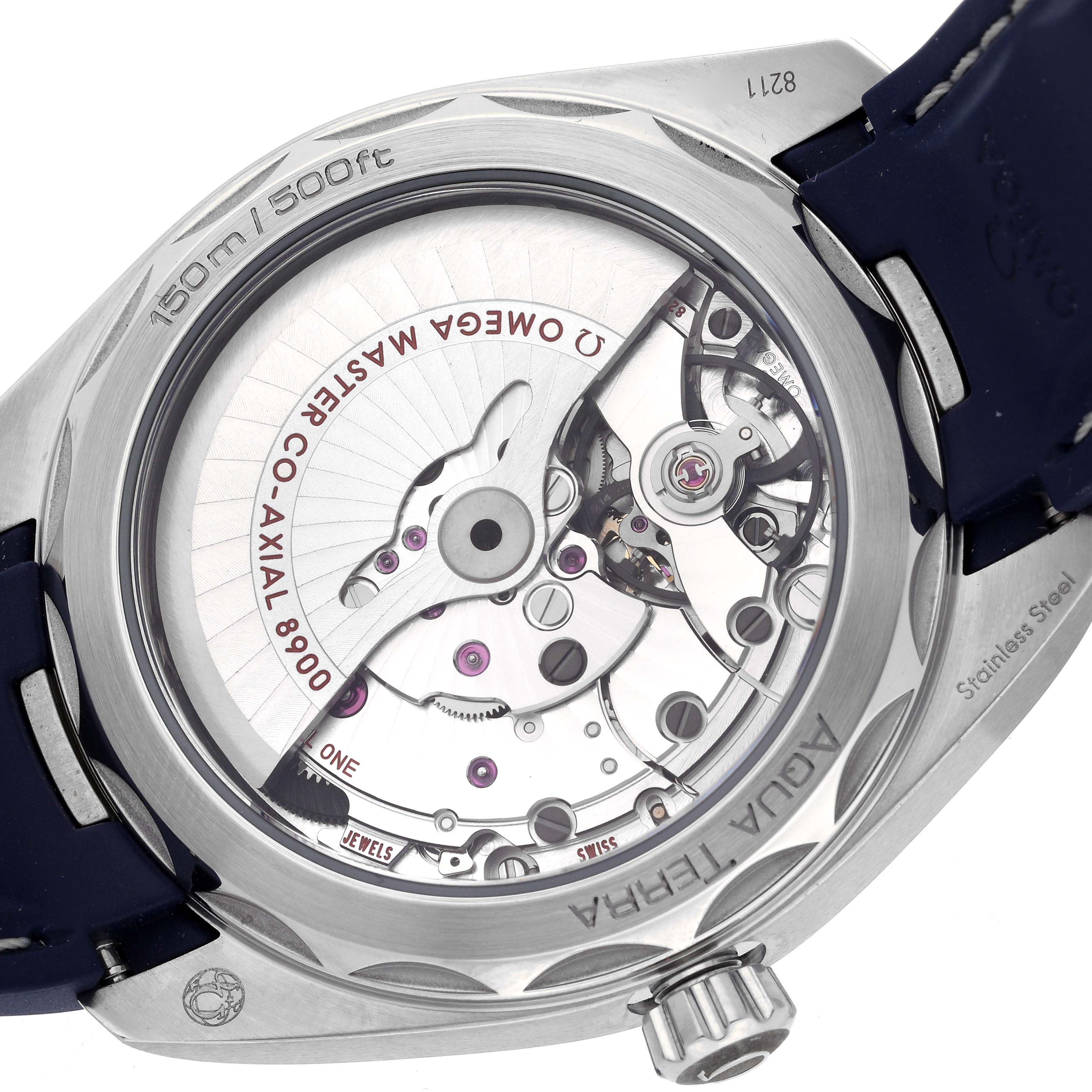 The image shows the back of the Omega Aqua Terra 220.12.41.21.03.001 Men
s Stainless Steel Blue Dial 220.12.41.21.03.001 Men
s Stainless Steel Blue Dial watch, highlighting the visible movement and rotor.