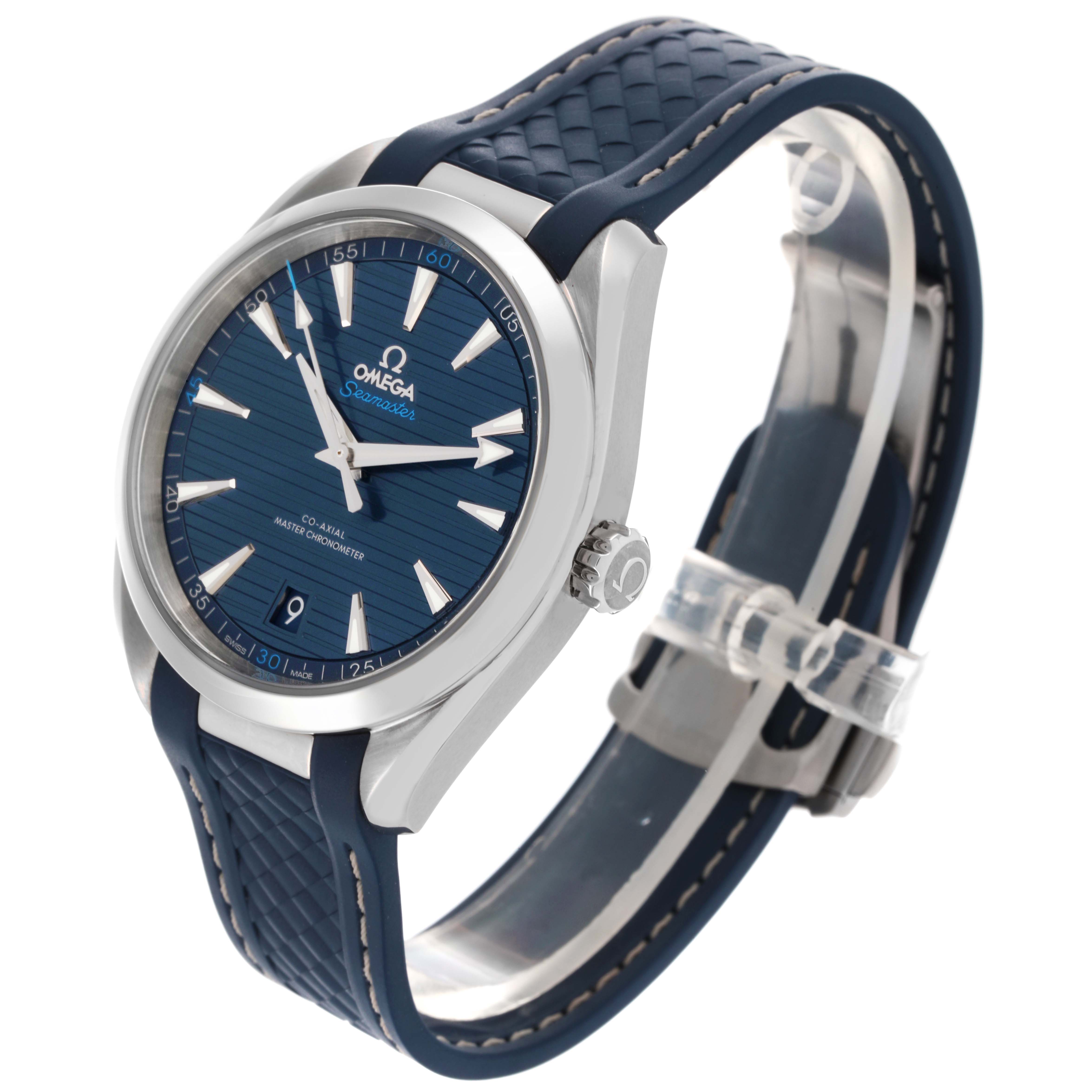 The Omega Aqua Terra 220.12.41.21.03.001 Men
s Stainless Steel Blue Dial 220.12.41.21.03.001 Men
s Stainless Steel Blue Dial watch is shown from a side angle, highlighting the face, crown, and blue strap.