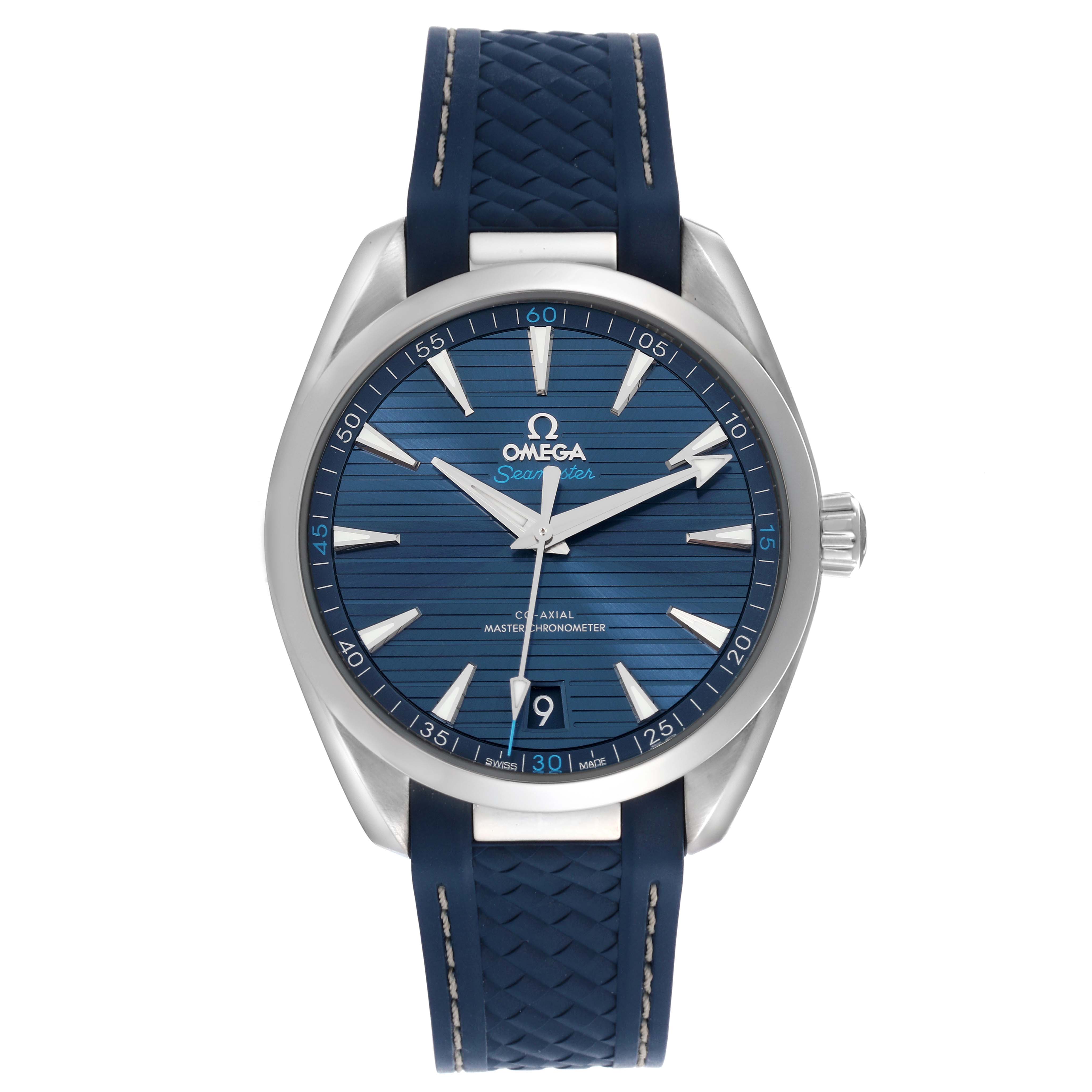 The Omega Aqua Terra 220.12.41.21.03.001 Men
s Stainless Steel Blue Dial 220.12.41.21.03.001 Men
s Stainless Steel Blue Dial watch is shown from a front angle, highlighting the dial, hands, and strap.