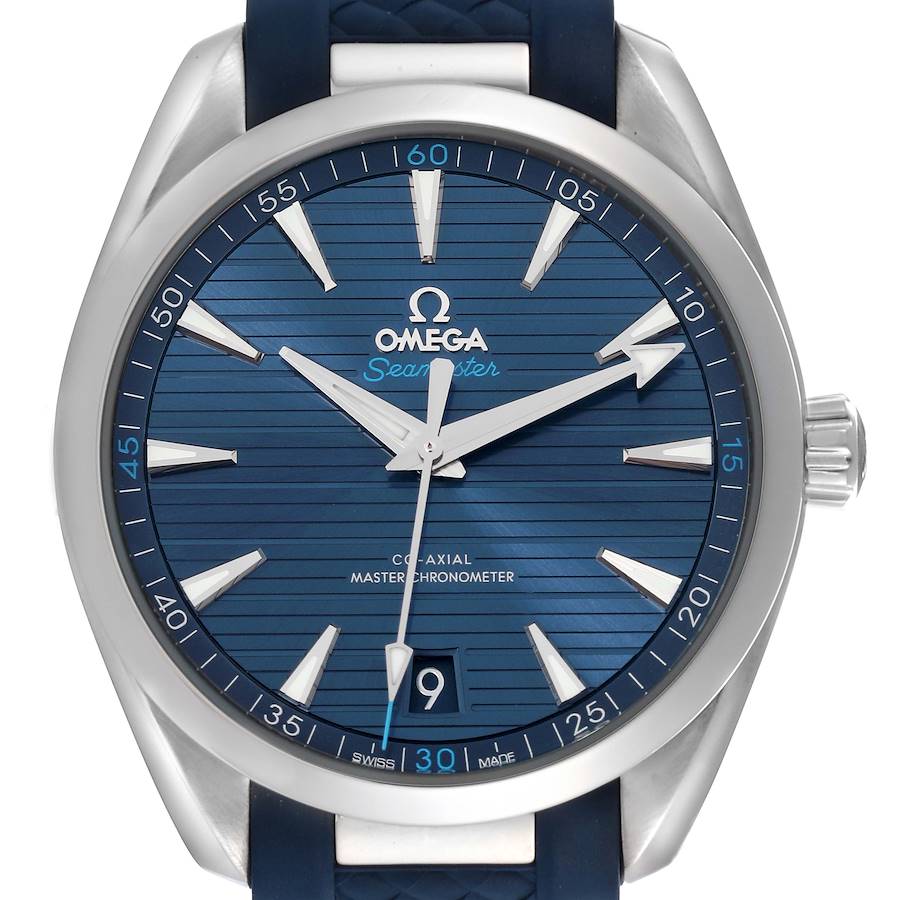 The image shows a front view of the Omega Aqua Terra watch, highlighting the blue dial and metal casing.