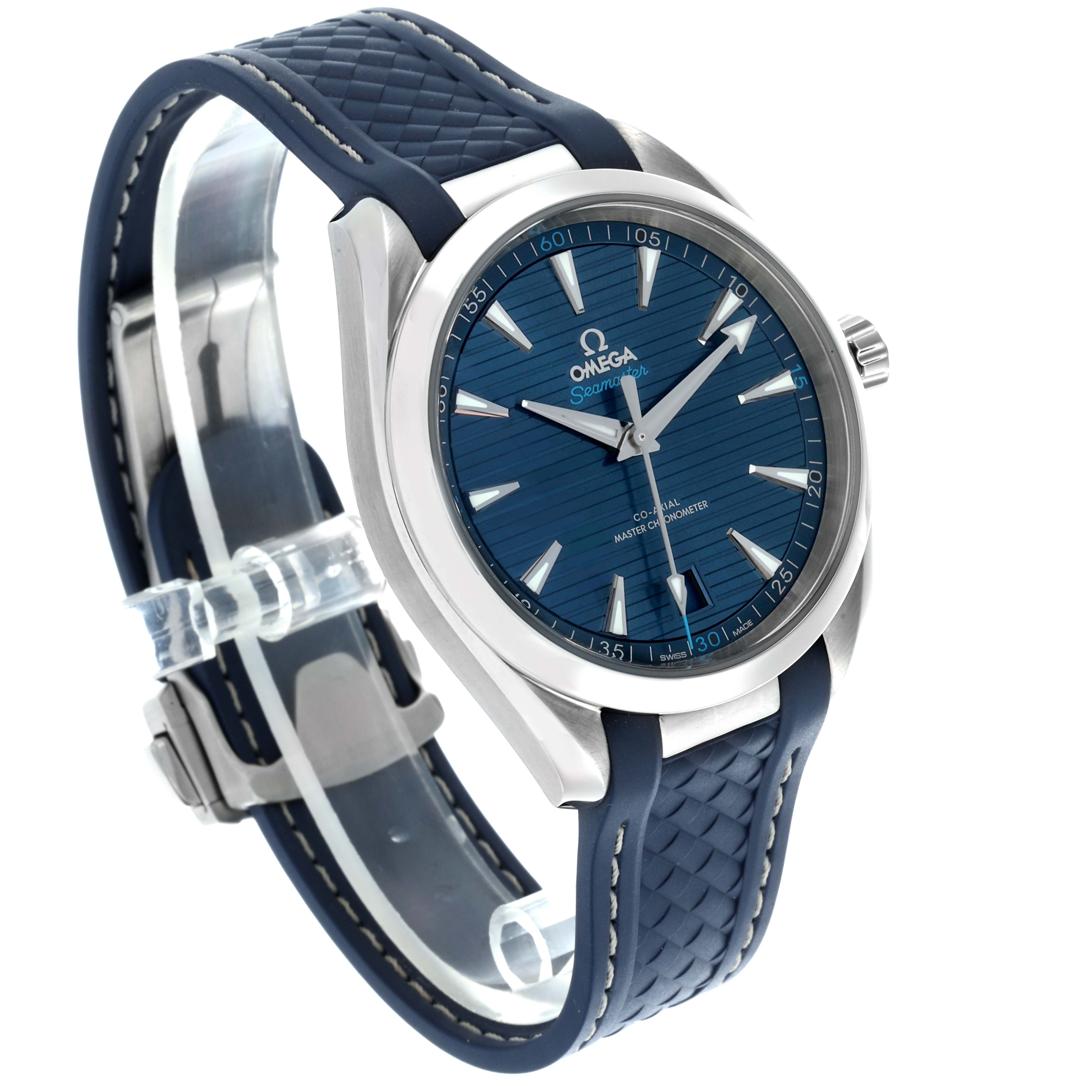 The Omega Aqua Terra 220.12.41.21.03.001 Men
s Stainless Steel Blue Dial 220.12.41.21.03.001 Men
s Stainless Steel Blue Dial watch is shown at a slight angle, displaying the face, bezel, crown, and blue strap.